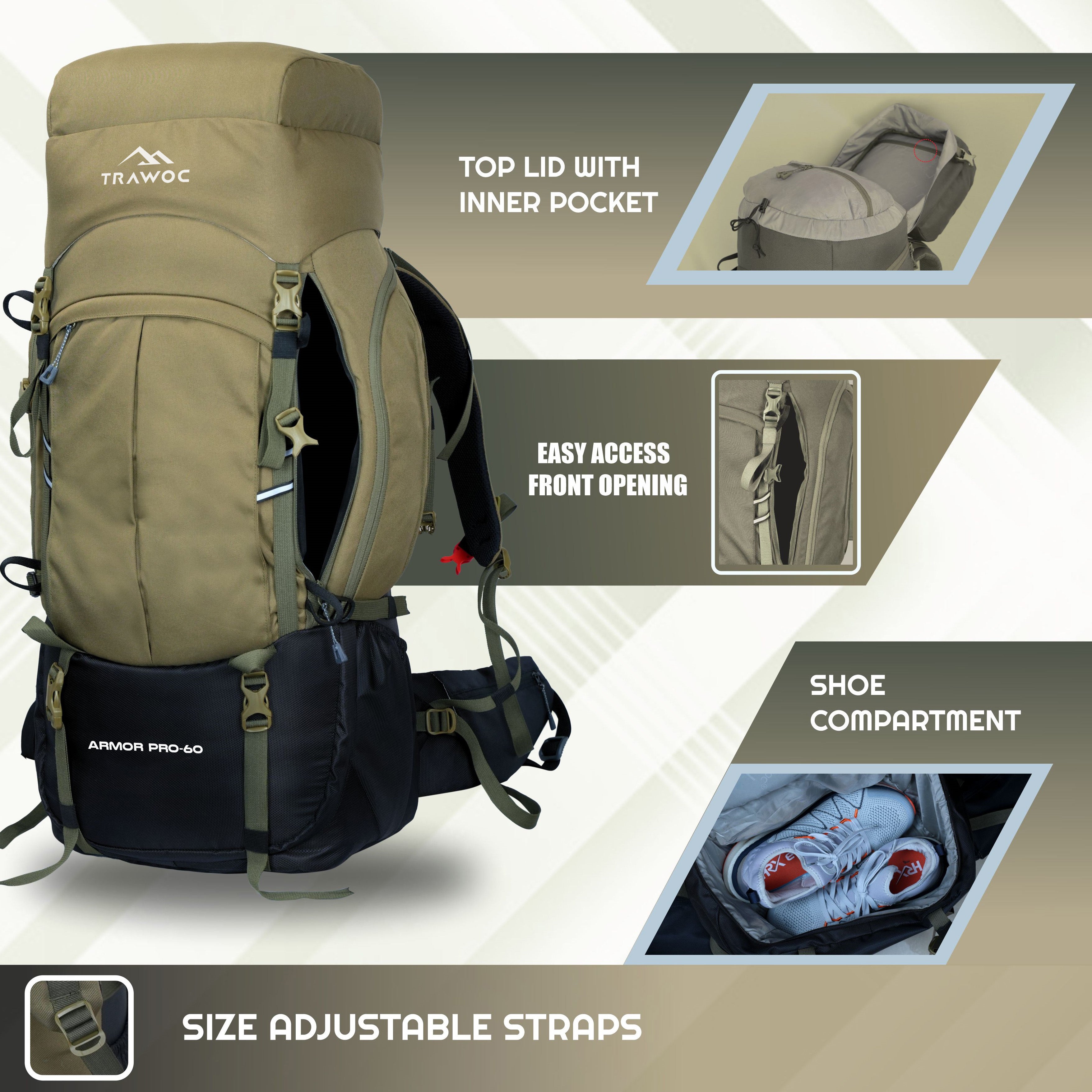 Close-up view of the adjustable straps on the ARMOR PRO-60 Rucksack in olive green and black, highlighting the padded shoulder straps for comfort, the adjustable chest strap for added support, and the side compression straps designed to stabilize the load, showcasing the rucksack's customizable fit.