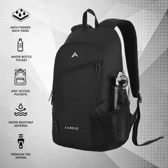 Detailed front view of the CARRIZ Casual Backpack - CB01 in black, highlighting its sleek and functional design. The backpack features a smooth, durable fabric with a subtle sheen. A large main compartment is secured with a sturdy zipper, providing ample space for books, a laptop, or daily essentials. A front zippered pocket offers quick access to smaller items like keys or a phone. The adjustable shoulder straps are padded for comfort, and a padded top handle allows for easy carrying.