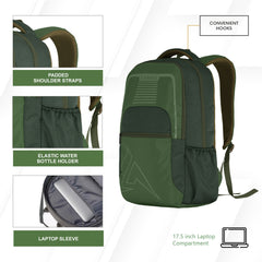 Comprehensive view of the CPB03 25L Laptop Backpack in green, showcasing its design and features. The backpack includes a spacious main compartment with a padded laptop sleeve that securely fits most 15-inch laptops, ensuring protection during transport. The front features a zippered pocket for easy access to smaller items, while side mesh pockets are designed for water bottles. The adjustable padded shoulder straps and breathable back panel enhance comfort and support, making it suitable for extended wear.