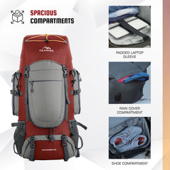 WILDQUEST-50 Rucksack highlighting spacious compartments, padded laptop sleeve, rain cover compartment, and shoe compartment.