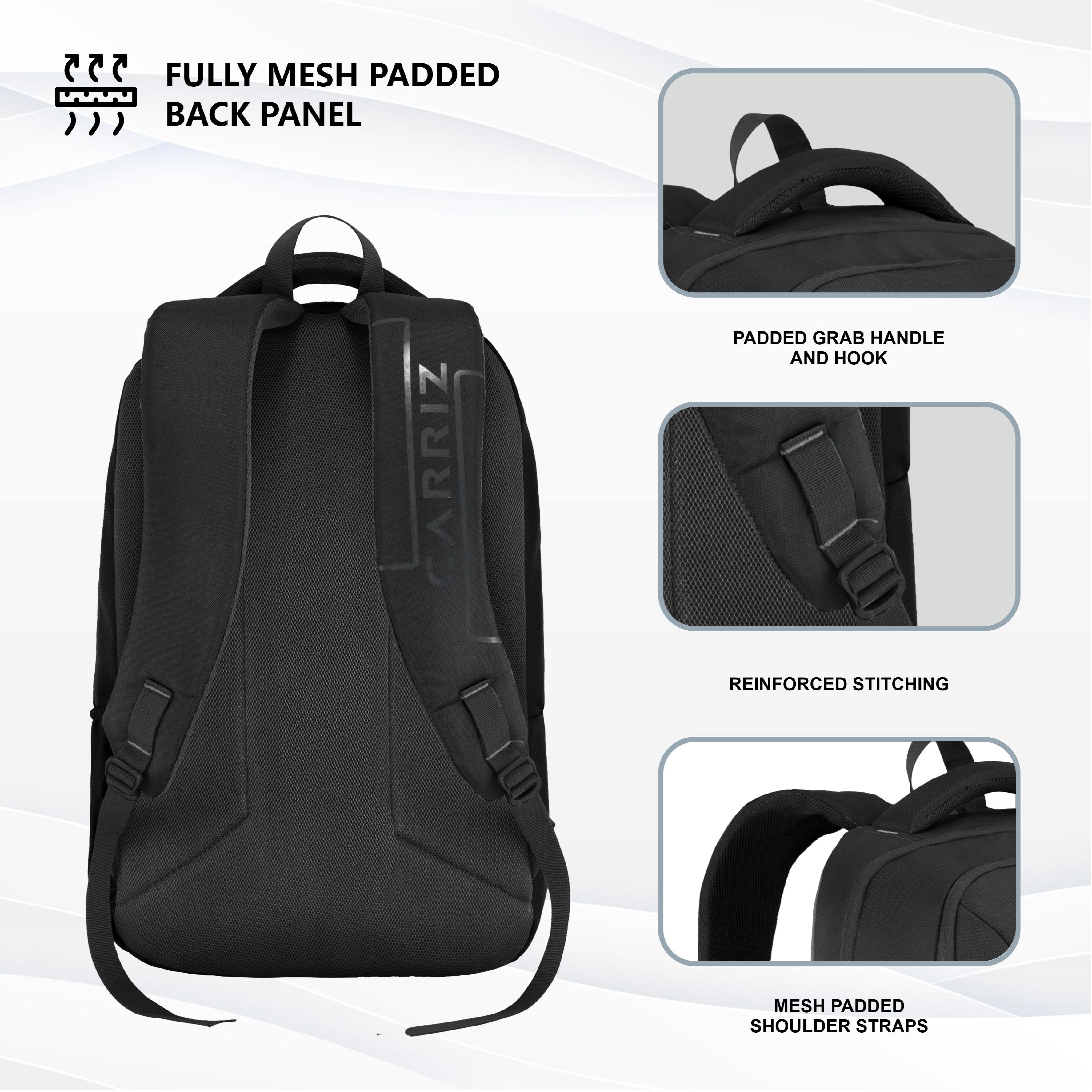 Back view of the CPB01 26L Laptop Backpack in black, showcasing its ergonomic design and padded support features. The backpack features adjustable padded shoulder straps for comfort during extended wear, along with a breathable mesh back panel that enhances ventilation. The sleek black fabric is durable and stylish, while the top handle provides an additional carrying option.