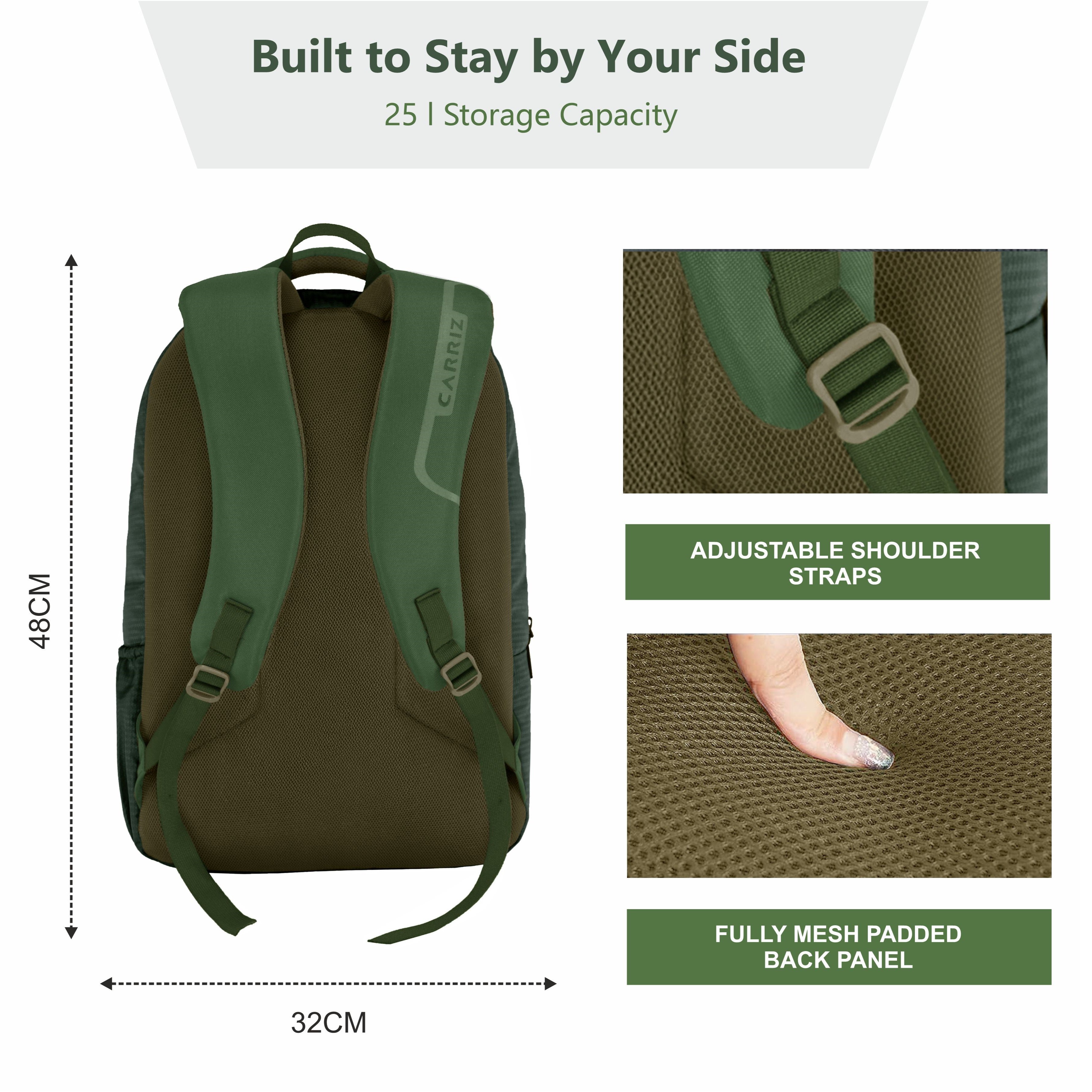 Back side view of the CPB03 25L Laptop Backpack in green, showcasing its ergonomic design and comfort features. The backpack includes padded shoulder straps that provide support and comfort, along with a breathable back panel for enhanced ventilation. The adjustable straps allow for a customized fit, and the overall structure is designed for stability while carrying.