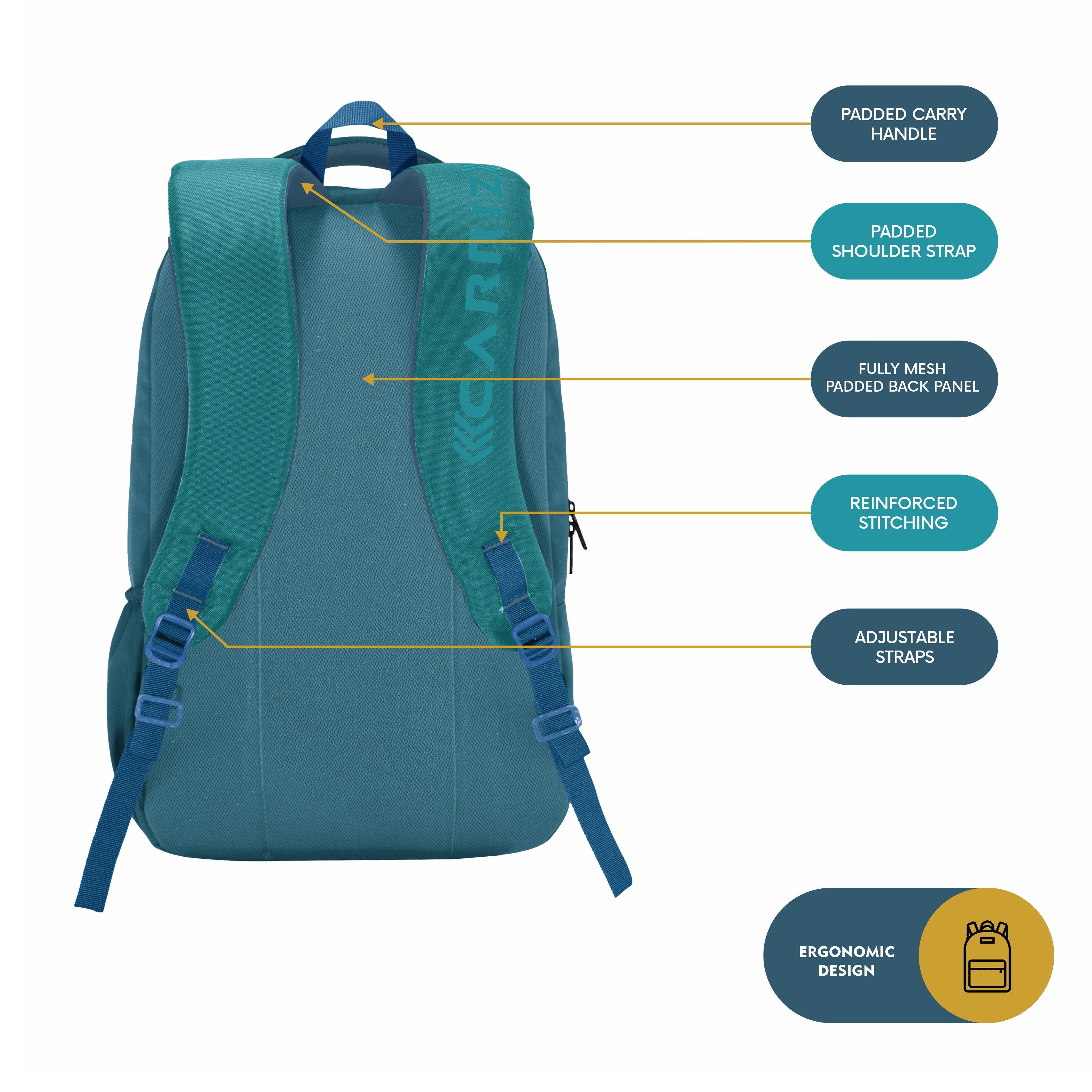 Back view of the CPB04 23L Laptop Backpack in blue, highlighting its ergonomic design and comfort features. The backpack showcases adjustable padded shoulder straps that provide support and comfort during extended wear, along with a breathable mesh back panel for enhanced ventilation. The durable blue fabric is complemented by a top handle for easy carrying.