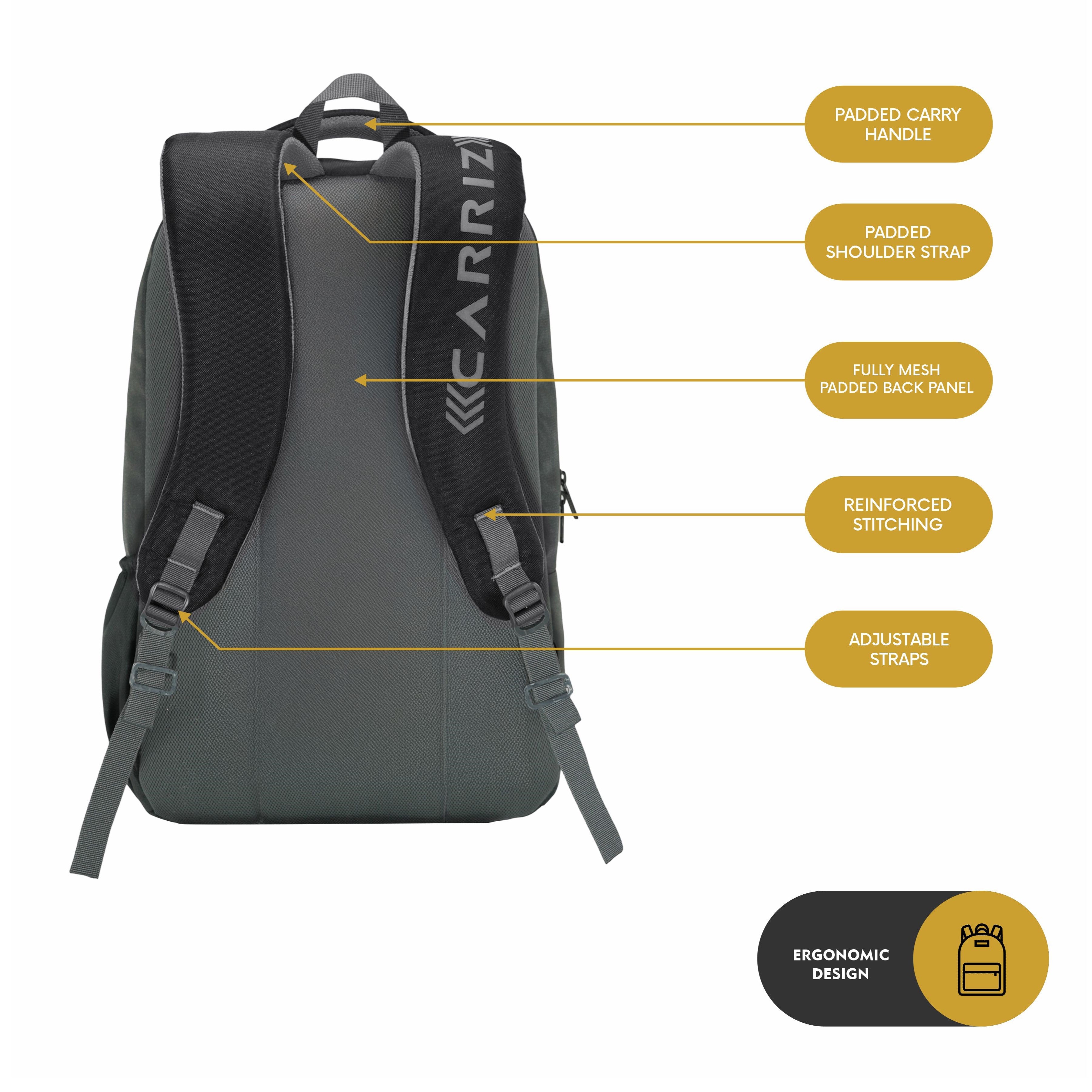 Back side view of the CPB04 23L Laptop Backpack in grey, showcasing its ergonomic design and comfort features. The backpack includes padded shoulder straps for enhanced support and comfort, along with a breathable back panel that promotes ventilation. The adjustable straps allow for a personalized fit, and the overall structure is designed for stability while carrying. 