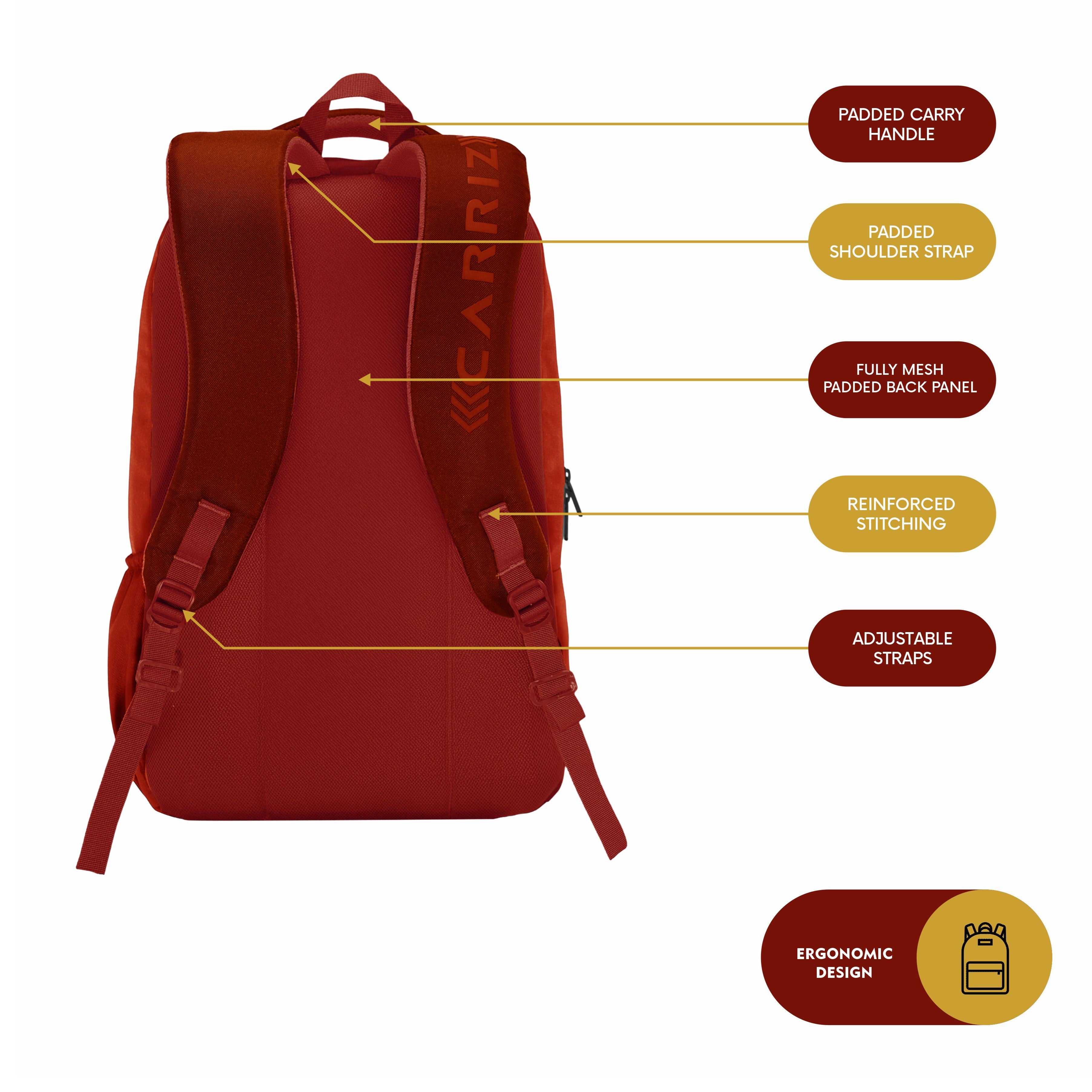 Back side view of the CPB04 23L Laptop Backpack in red, showcasing its ergonomic design and comfort features. The backpack features padded shoulder straps that provide support and comfort, along with a breathable back panel for enhanced ventilation. The adjustable straps allow for a customized fit, and the overall structure is designed for stability while carrying.