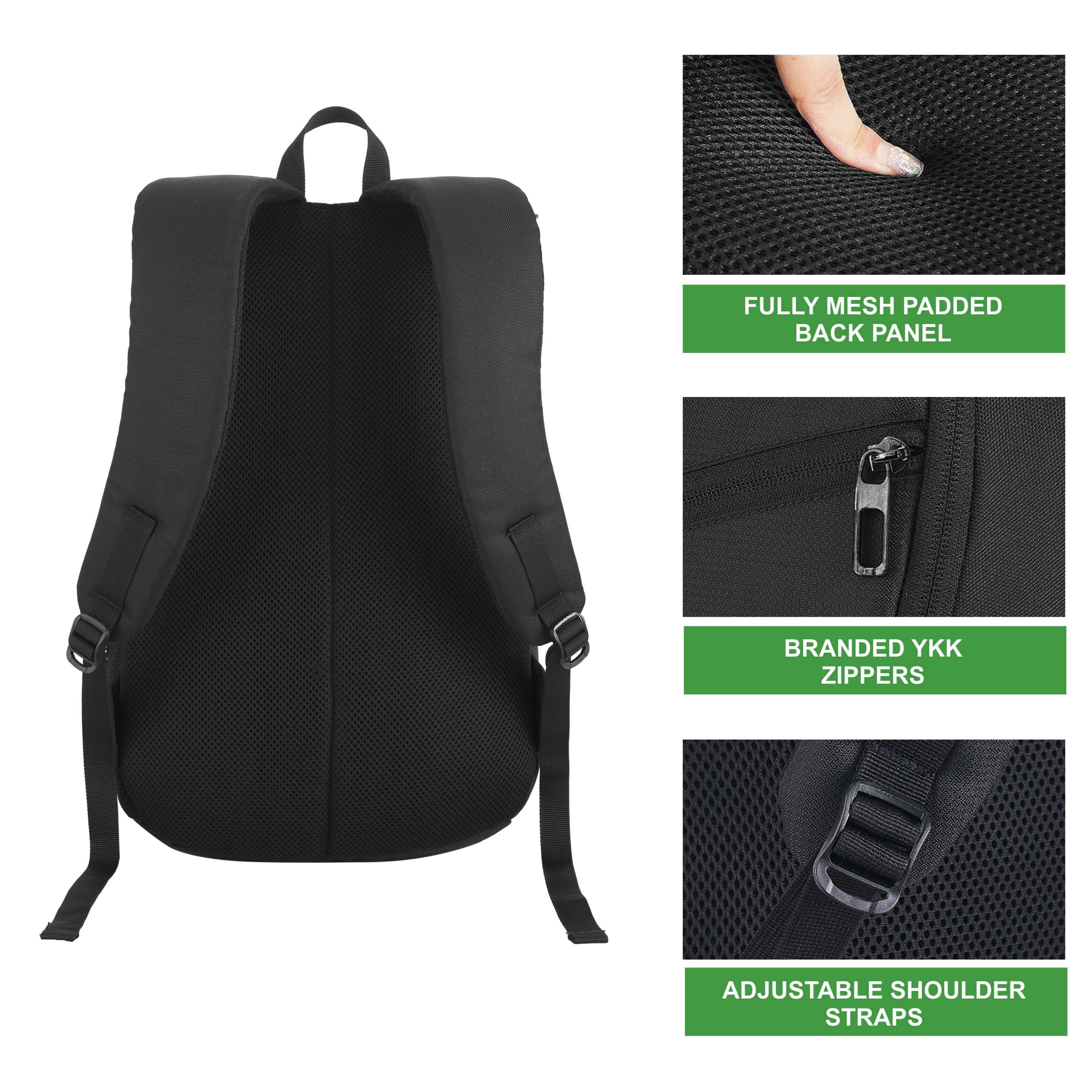 Back view of the CARRIZ Casual Backpack - CB01 in black, showcasing its ergonomic design. The padded shoulder straps are adjustable for a customized fit, while the breathable mesh back panel enhances comfort during wear. The sleek silhouette is complemented by a top handle for easy carrying.