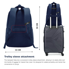 Back view of the TPB05 35L Laptop Backpack in navy blue, showcasing its ergonomic design and comfort features. The padded shoulder straps are adjustable for a personalized fit, while the breathable mesh back panel enhances airflow for added comfort during extended wear. A sturdy top handle is visible for easy lifting and carrying.