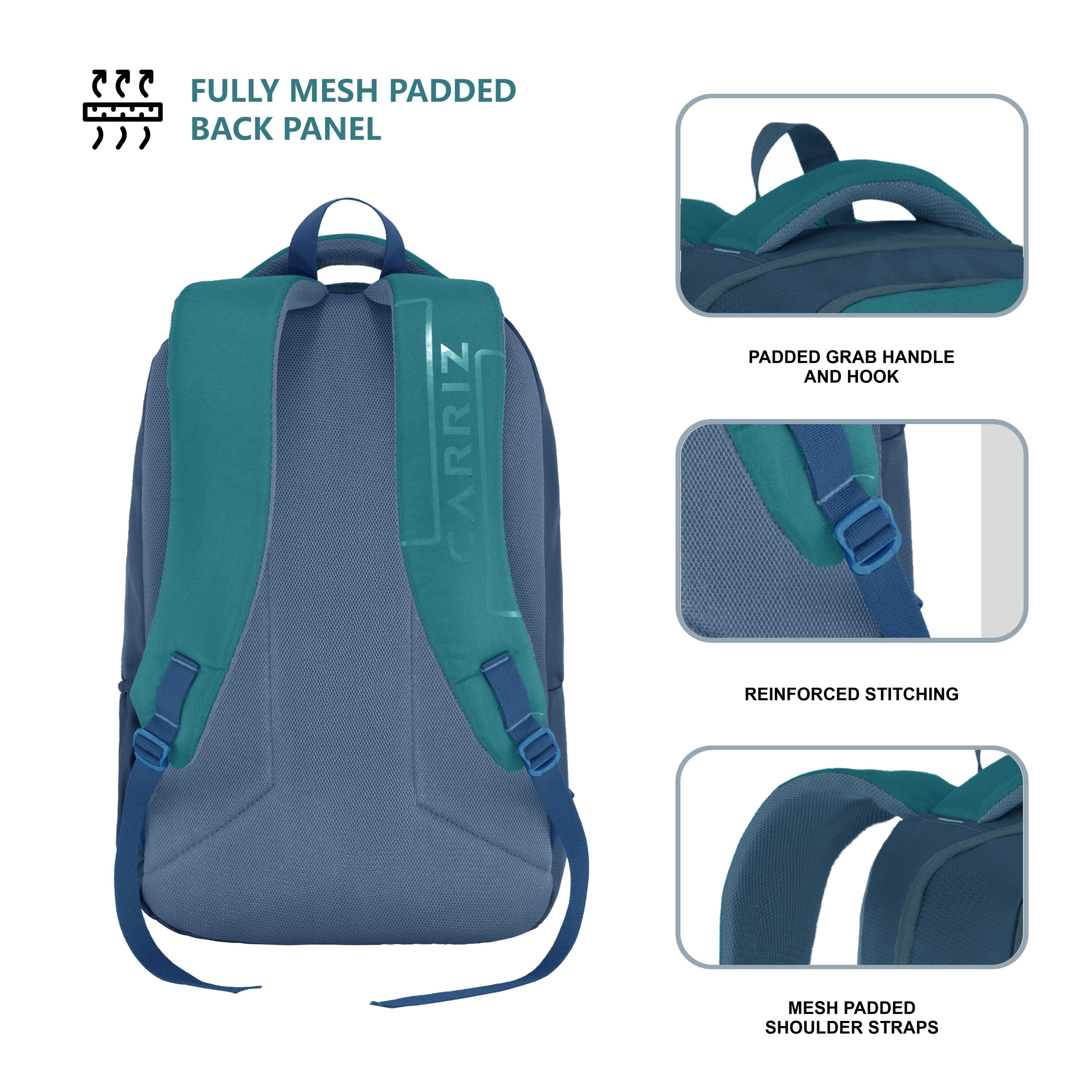 Back view of the CPB01 26L Laptop Backpack in blue, showcasing its ergonomic design and comfort features. The padded shoulder straps are adjustable for a personalized fit, while the breathable mesh back panel enhances airflow for added comfort during extended wear. The sturdy top handle is visible for easy lifting and carrying.