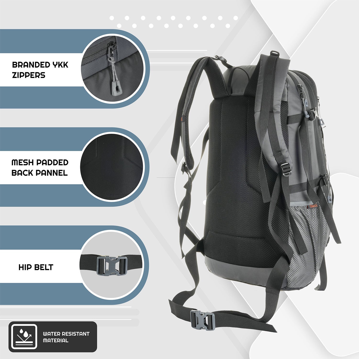 Back view of the INFERNO-40 Rucksack in grey, showcasing its ergonomic design with padded shoulder straps and a breathable mesh back panel for comfort during extended wear. The image features adjustable straps for a customized fit, a sturdy top handle for easy carrying, and additional MOLLE webbing for attaching extra gear.