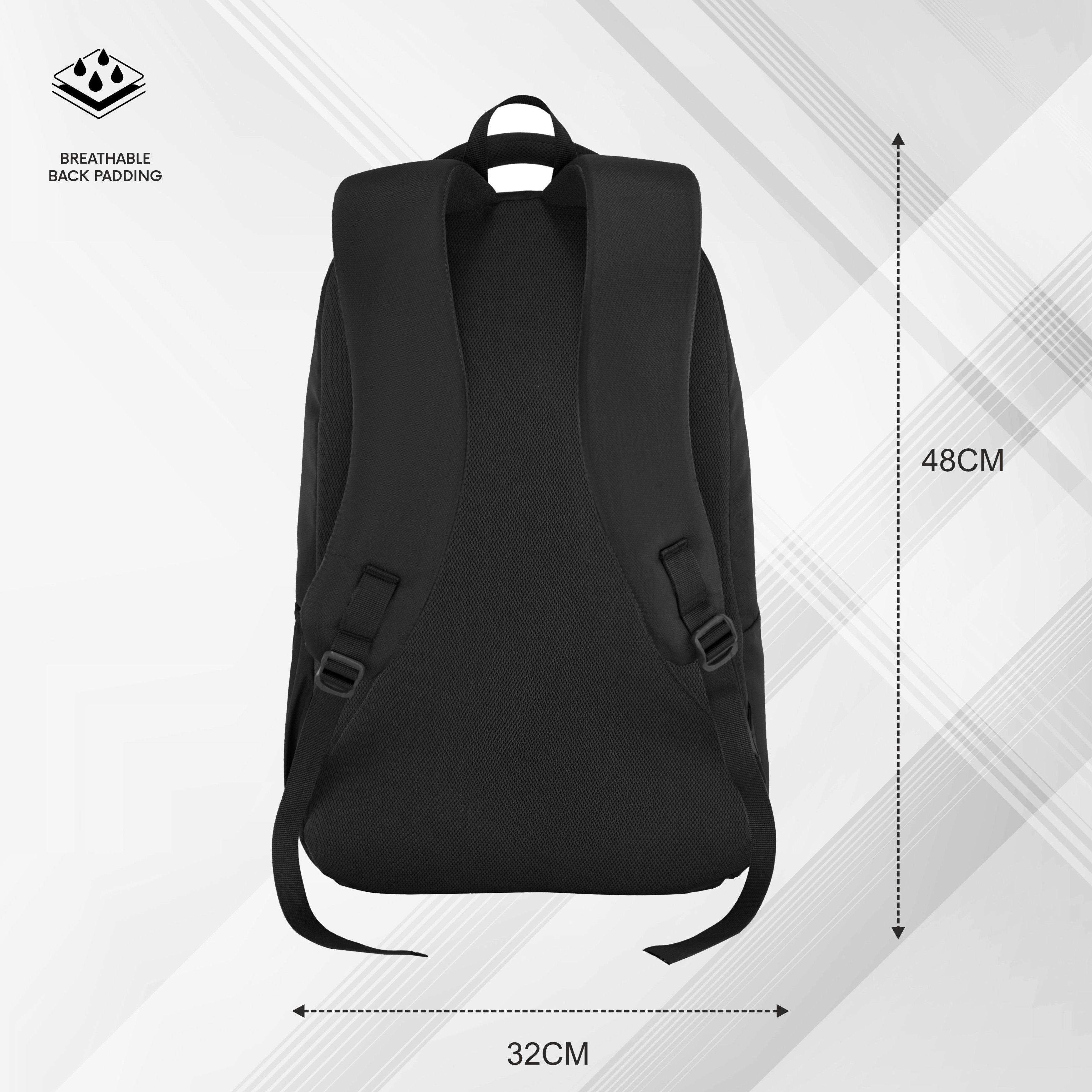 Back view of the CPB05 26L Laptop Backpack in black, highlighting its ergonomic design and comfort features. The image showcases padded shoulder straps that contour to the body for enhanced comfort, a breathable mesh back panel for improved ventilation, and an adjustable chest strap for added stability.