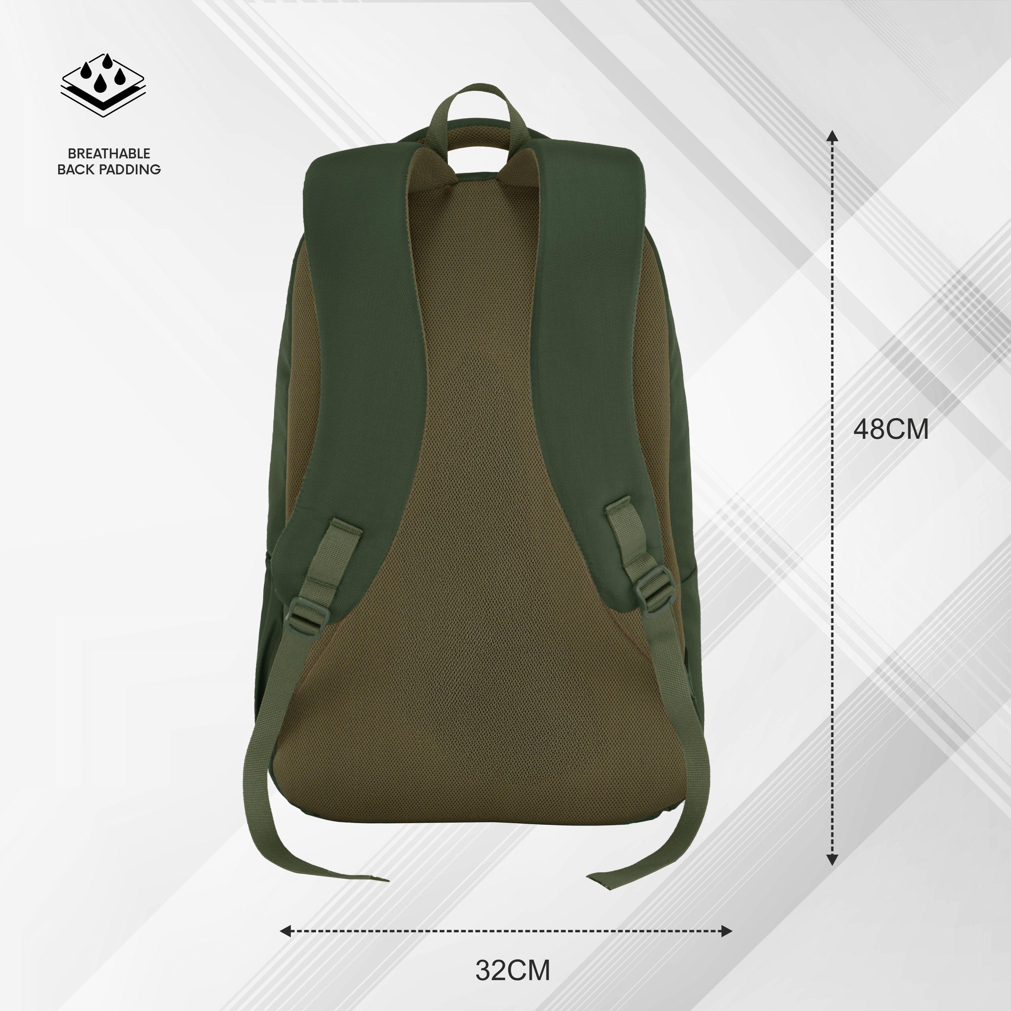 Back view of the CPB05 26L Laptop Backpack in green, showcasing its ergonomic design. The backpack features padded shoulder straps that provide comfort and support, along with a breathable back panel for enhanced ventilation. The adjustable straps allow for a customized fit, and the overall structure is designed for stability while carrying.