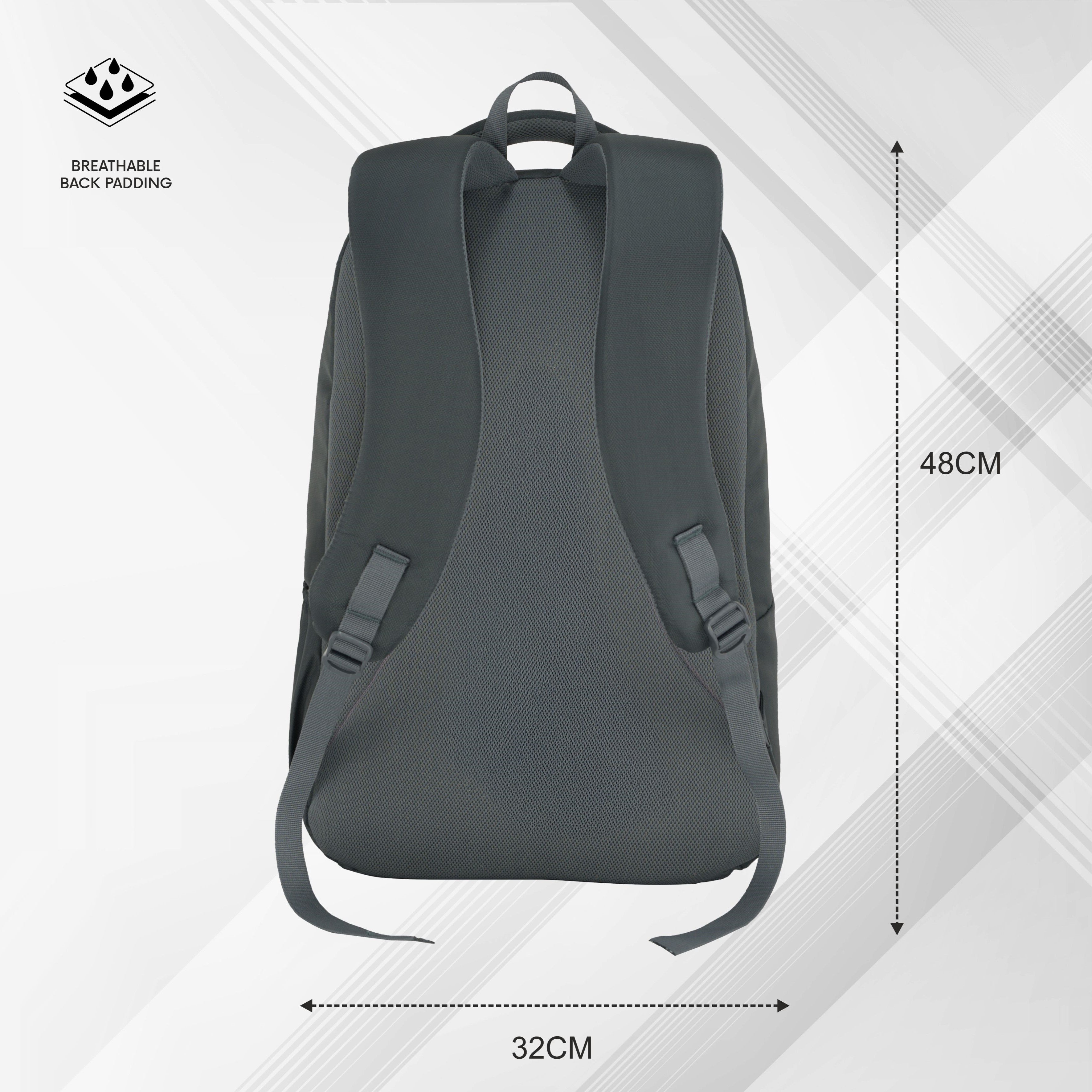 Back view of the CPB05 26L Laptop Backpack in grey, highlighting its ergonomic design and comfort features. The backpack showcases adjustable padded shoulder straps that provide support and comfort during extended wear, along with a breathable mesh back panel for enhanced ventilation. The durable grey fabric is complemented by a top handle for easy carrying.