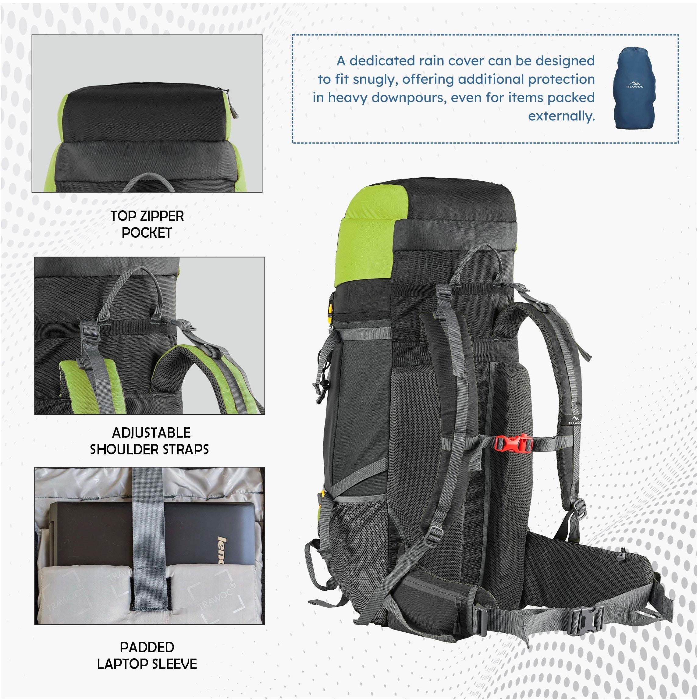 Back view of the TERRABOUND-60 Rucksack in green, showcasing its padded shoulder straps, breathable back panel, and adjustable waist belt for enhanced comfort and support during long hikes and outdoor adventures.