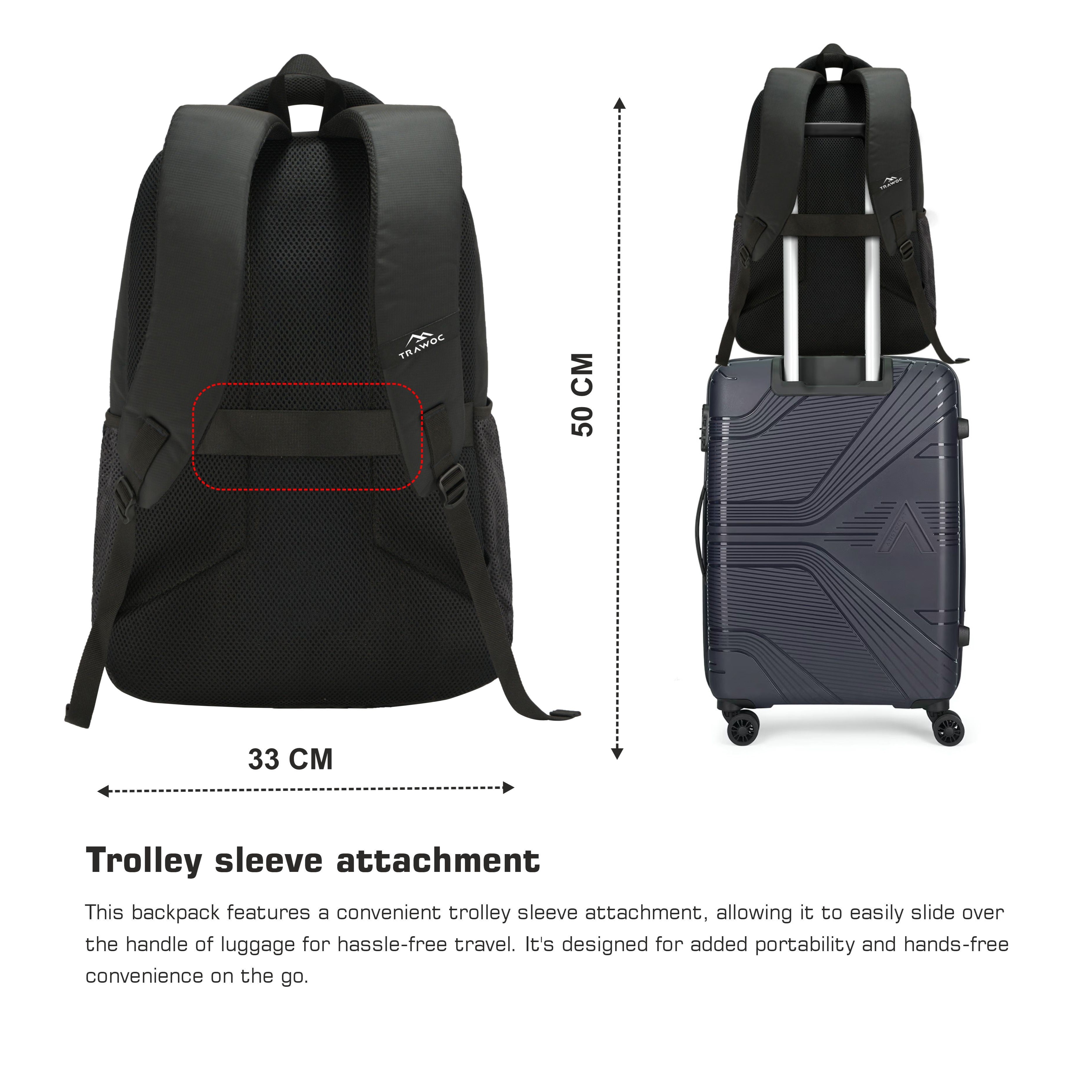 Back view of the TPB05 35L Laptop Backpack in black, showcasing its ergonomic design and comfort features. The adjustable padded shoulder straps are designed for a personalized fit, while the breathable mesh back panel enhances airflow for added comfort during extended wear. A sturdy top handle is visible for easy lifting and carrying.