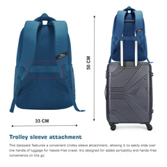 Back view of the TPB05 35L Laptop Backpack in English blue, showcasing its ergonomic design and comfort features. The adjustable padded shoulder straps are designed for a personalized fit, while the breathable mesh back panel enhances airflow for added comfort during extended wear. A sturdy top handle is visible for easy lifting and carrying.