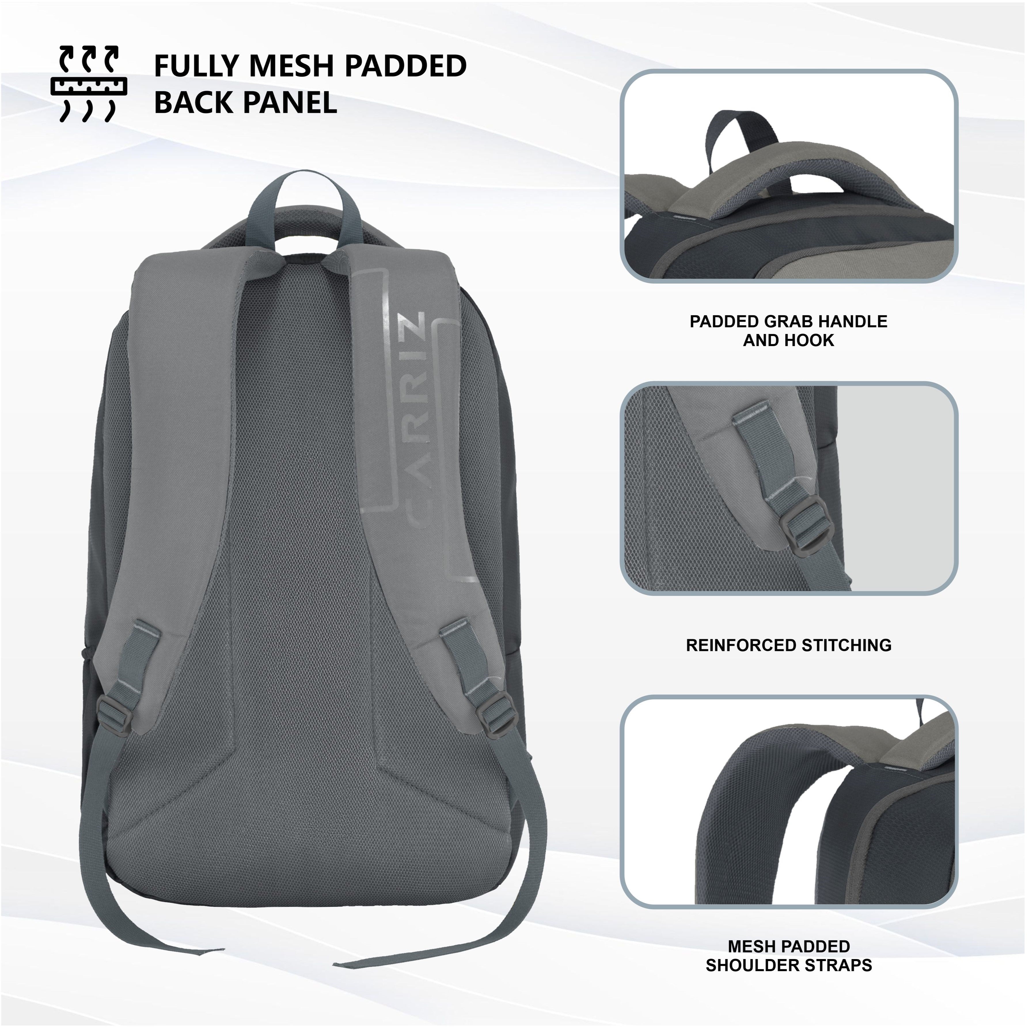 Back view of the CPB01 26L Laptop Backpack in grey, highlighting its ergonomic design and comfort features. The backpack showcases adjustable padded shoulder straps that provide support for comfortable wear, along with a breathable back panel for enhanced ventilation.