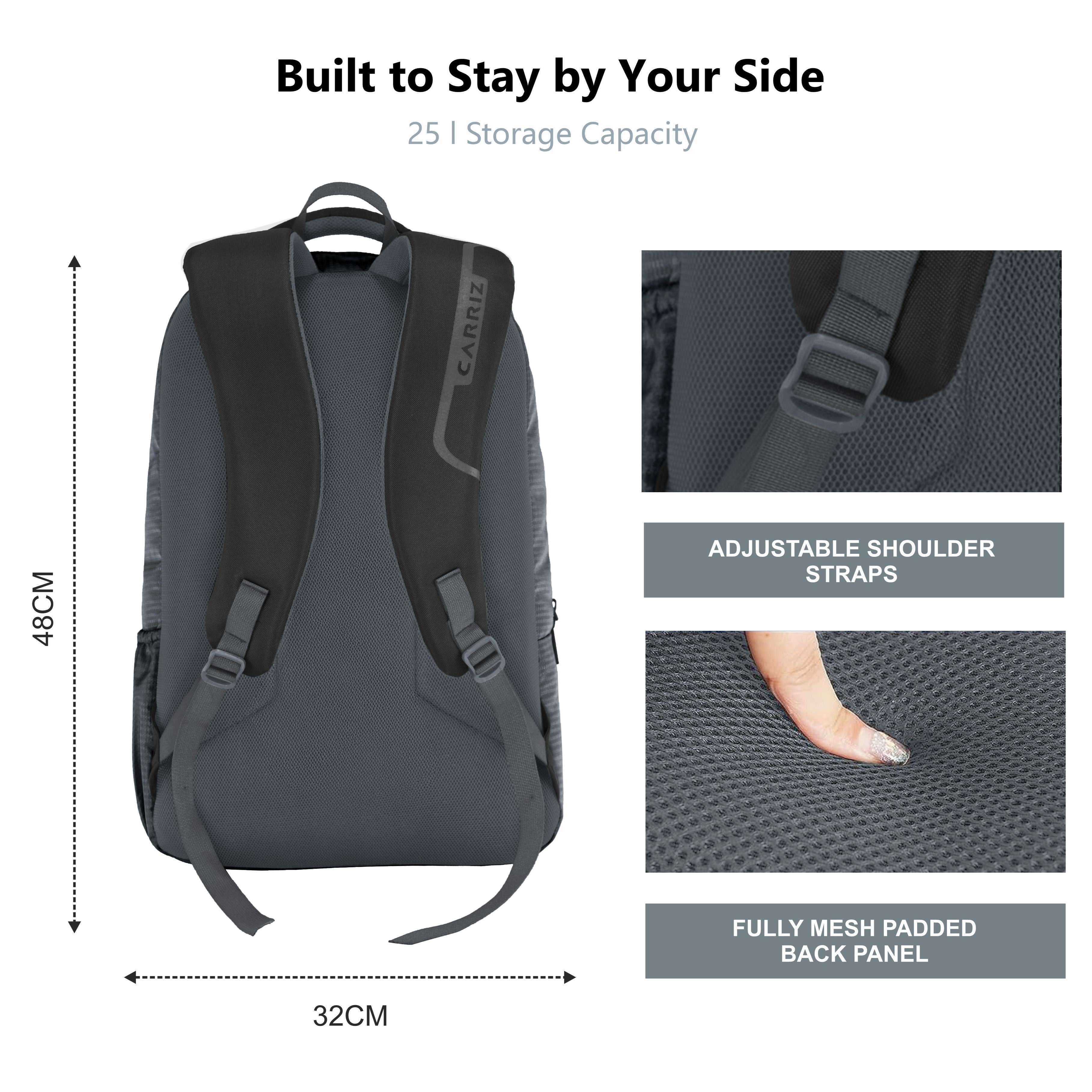 Back view of the CPB03 25L Laptop Backpack in grey, showcasing its ergonomic design and comfort features. The backpack includes padded shoulder straps that provide support and comfort, along with a breathable back panel for enhanced ventilation. The adjustable straps allow for a customized fit, and the overall structure is designed for stability while carrying. 