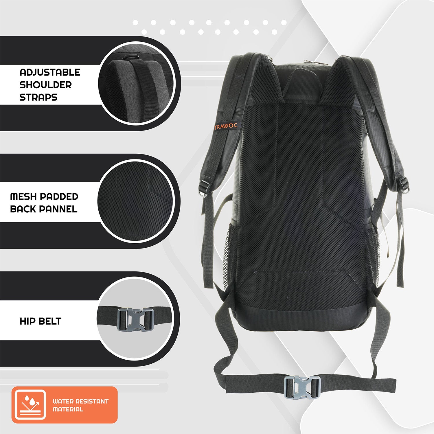 Back view of the INFERNO-40 Rucksack in black, showcasing its ergonomic design with padded shoulder straps and a breathable mesh back panel for comfort during extended wear. The image features adjustable straps for a personalized fit, a sturdy top handle for easy carrying, and additional MOLLE webbing for attaching extra gear.