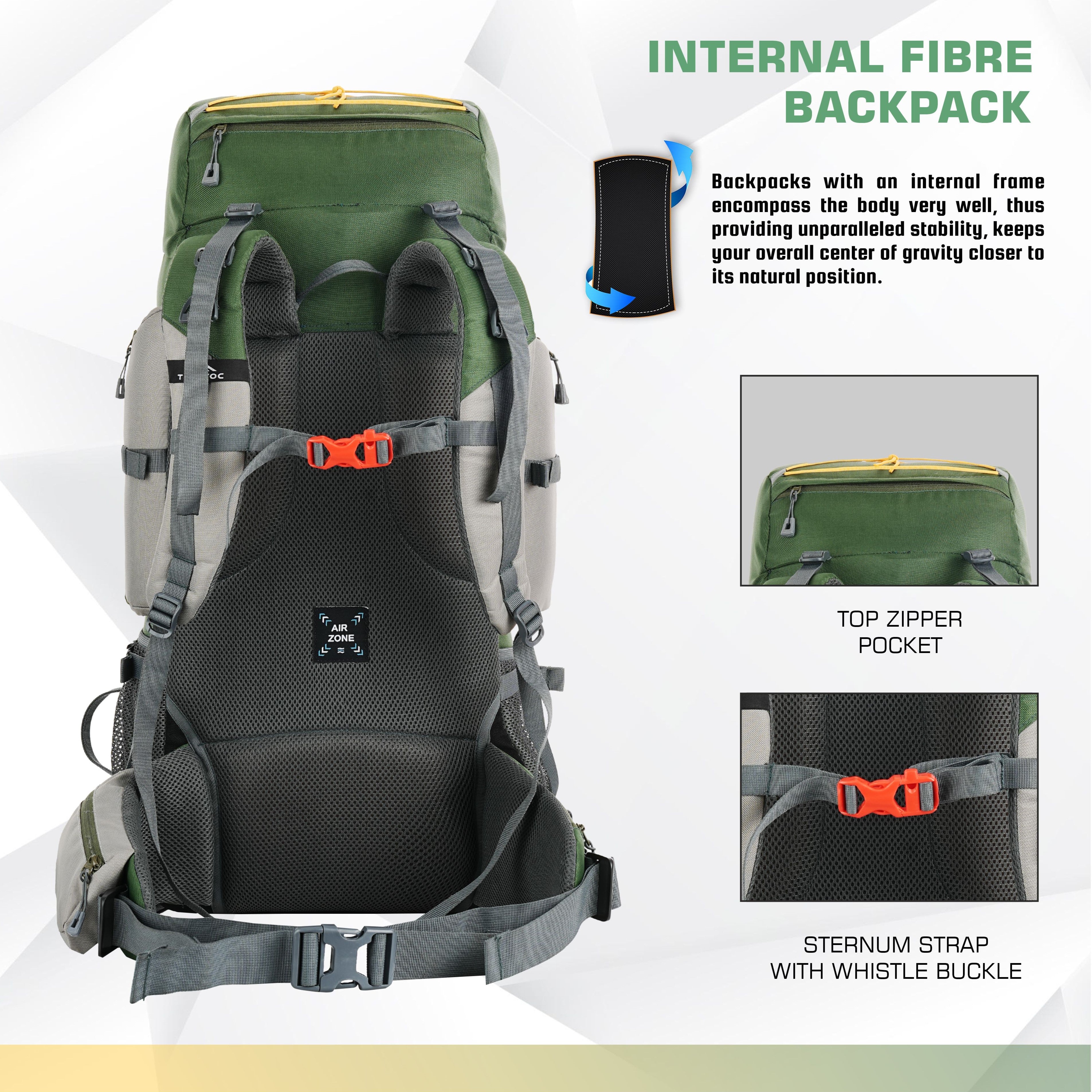 Back side of WILDQUEST-50 Rucksack -HUNTER GREEN Backpack highlighting adjustable shoulder straps, mesh-padded back panel, and convenient hooks for comfort and support.