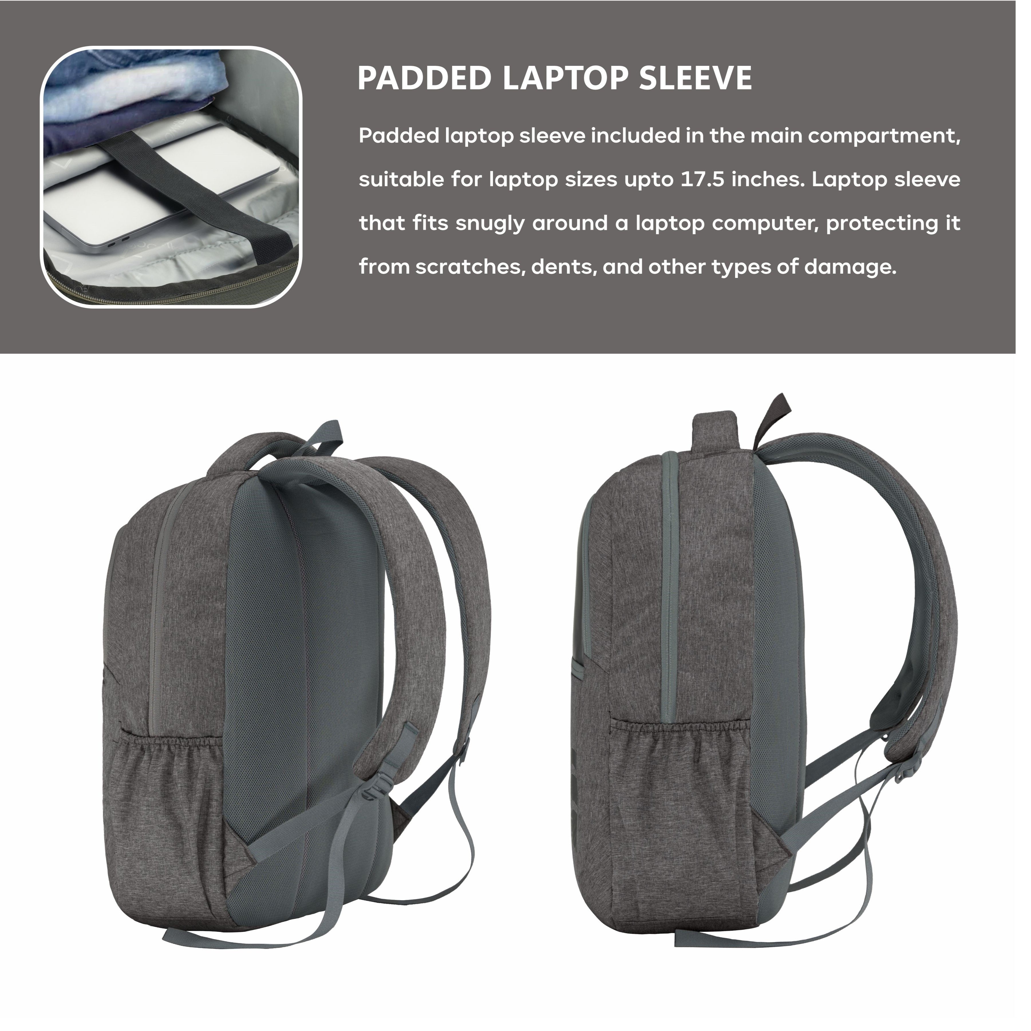 Side view of the CPB07 29L Laptop Backpack in brown, showcasing its sleek and functional design. The backpack features a spacious silhouette with padded shoulder straps for comfort and support. One side displays a mesh pocket for easy access to a water bottle, while the other side highlights the durable fabric and stitching details.