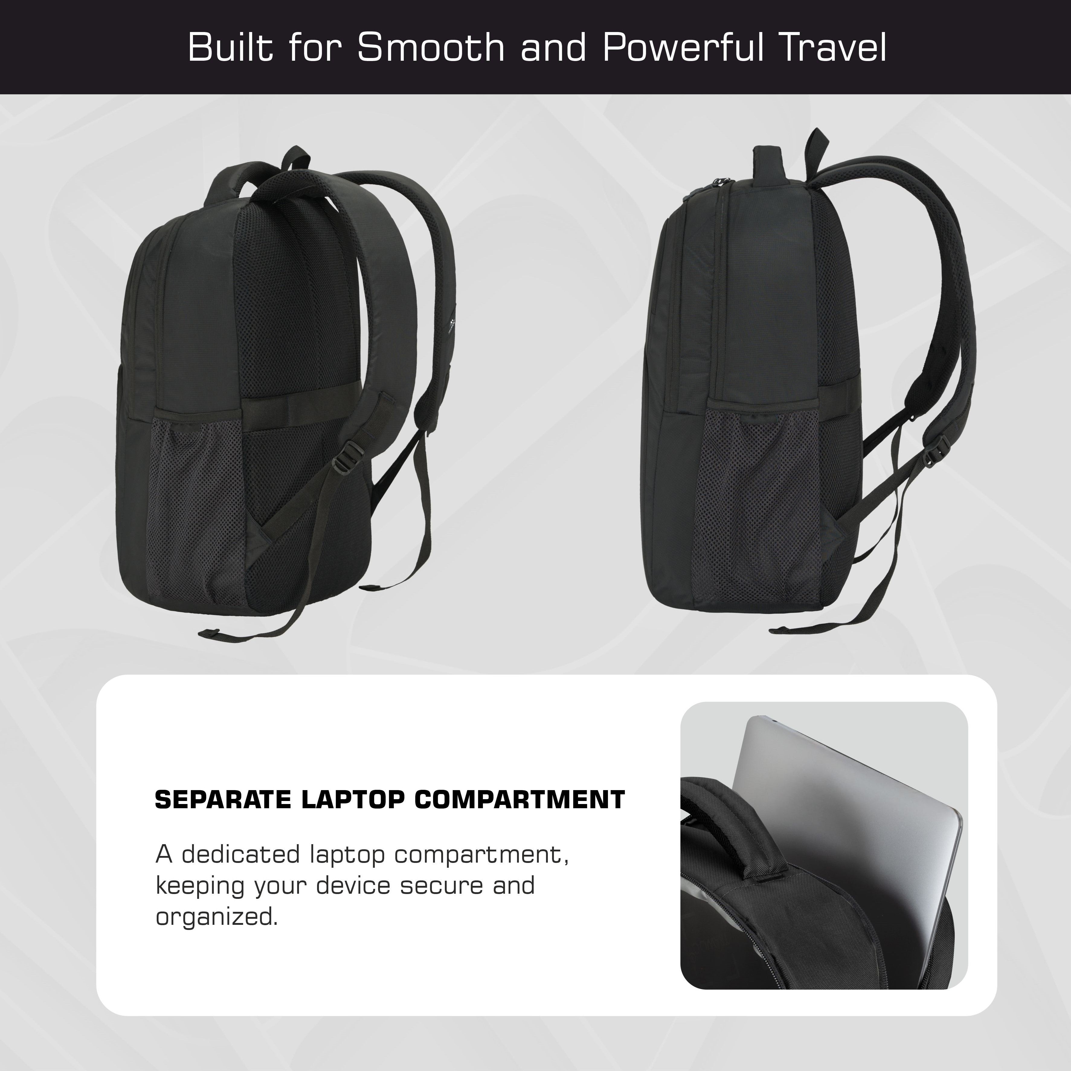 Both side views of the TPB05 35L Laptop Backpack in black, showcasing its symmetrical design and practical features. Each side displays a mesh pocket for easy access to a water bottle, emphasizing convenience for on-the-go hydration. The durable exterior is made from high-quality materials, while the adjustable padded shoulder straps are visible, ensuring comfort during wear.