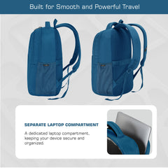 Both side views of the TPB05 35L Laptop Backpack in English blue, showcasing its symmetrical design and practical features. Each side displays a mesh pocket for easy access to a water bottle, emphasizing convenience for on-the-go hydration. The durable exterior is made from high-quality materials, while the adjustable padded shoulder straps are visible, ensuring comfort during wear.