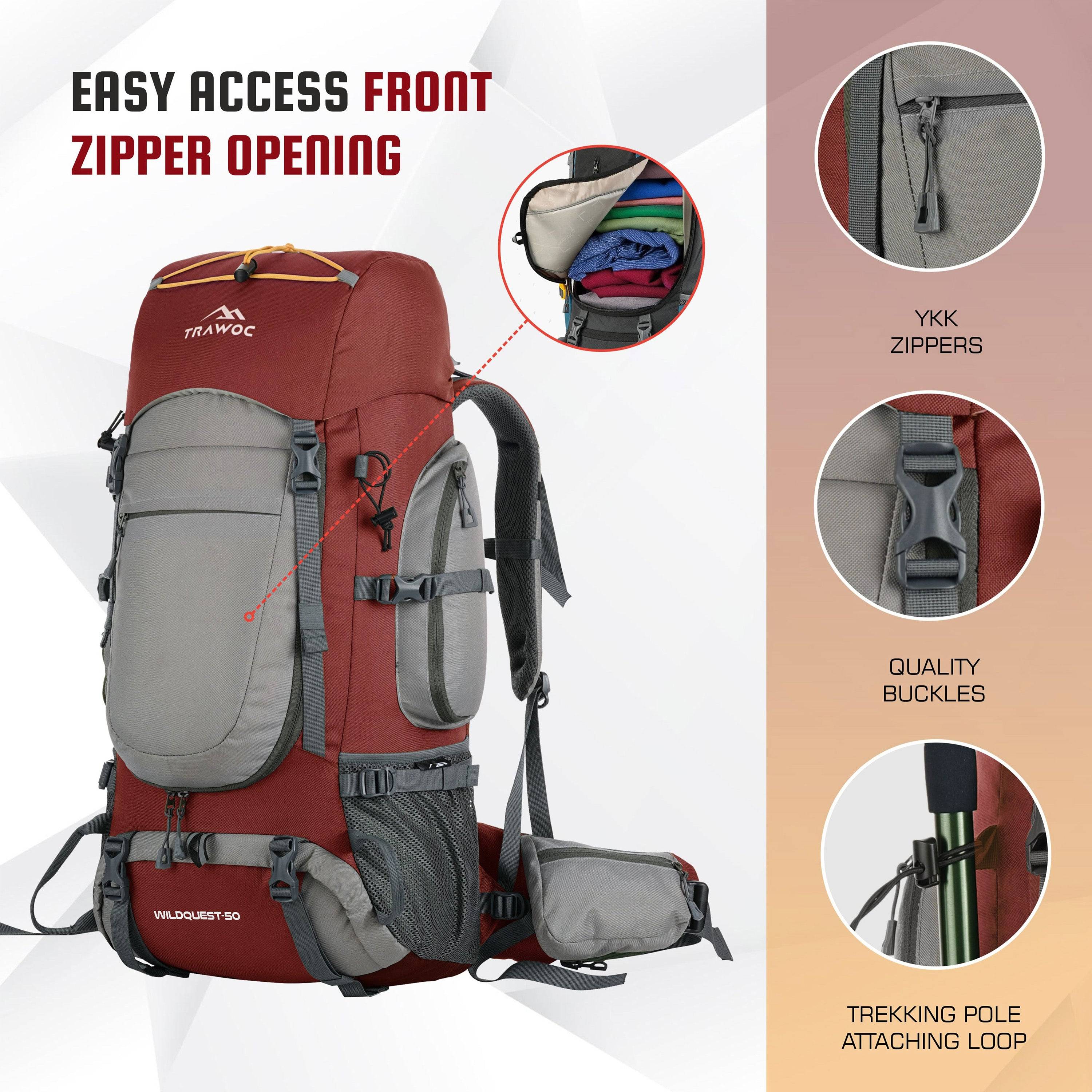 Carmine red WILDQUEST-50 hiking backpack showcasing front zipper opening, YKK zippers, quality buckles, and trekking pole loop.