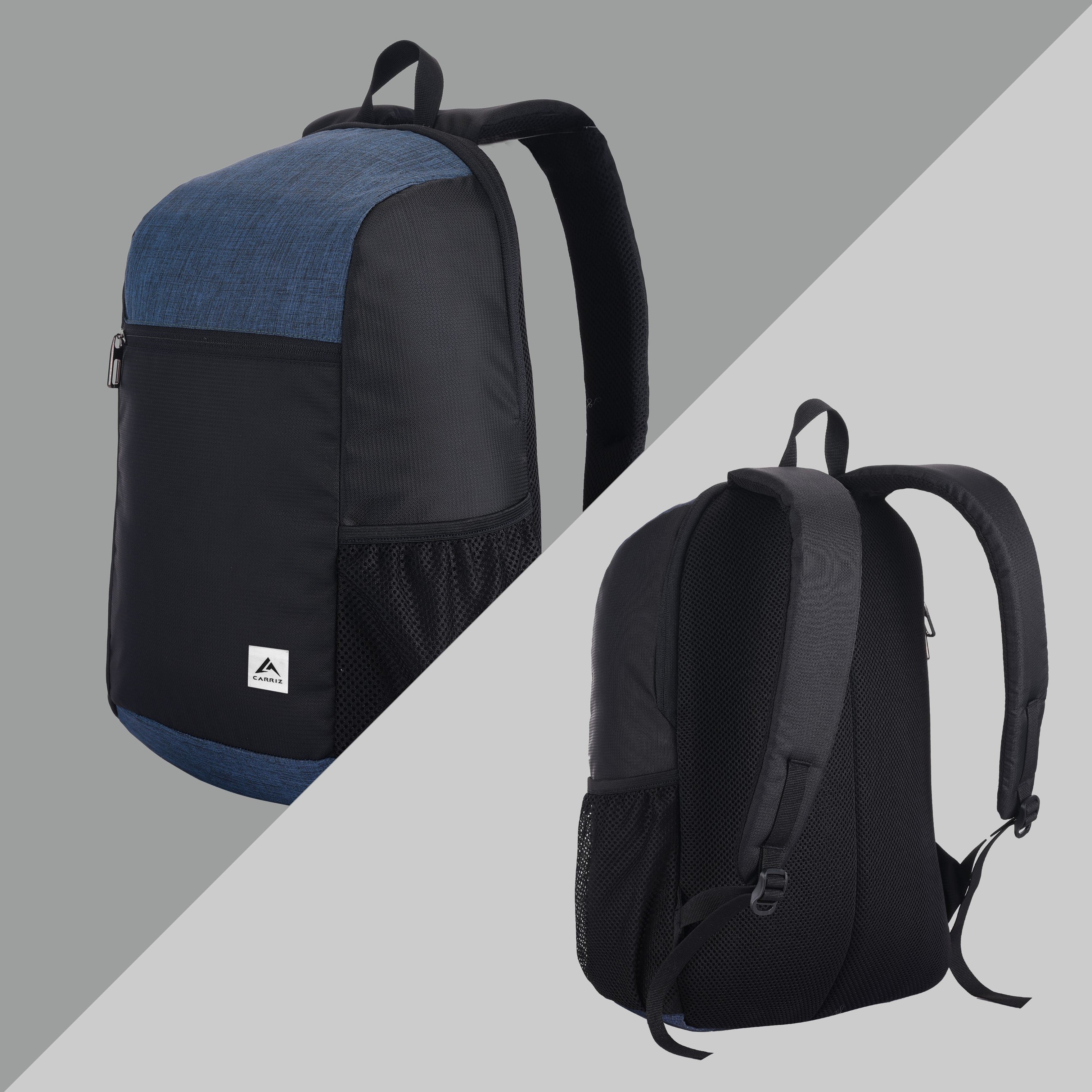 Combined front and back view of the CARRIZ Casual Backpack - CB02 in dark blue, highlighting its stylish and functional design. The front showcases a deep dark blue exterior with a prominent front zippered pocket for easy access to smaller items, along with a spacious main compartment secured by a durable zipper. The back view emphasizes the ergonomic design, featuring padded, adjustable shoulder straps for comfort and a breathable mesh back panel for ventilation.