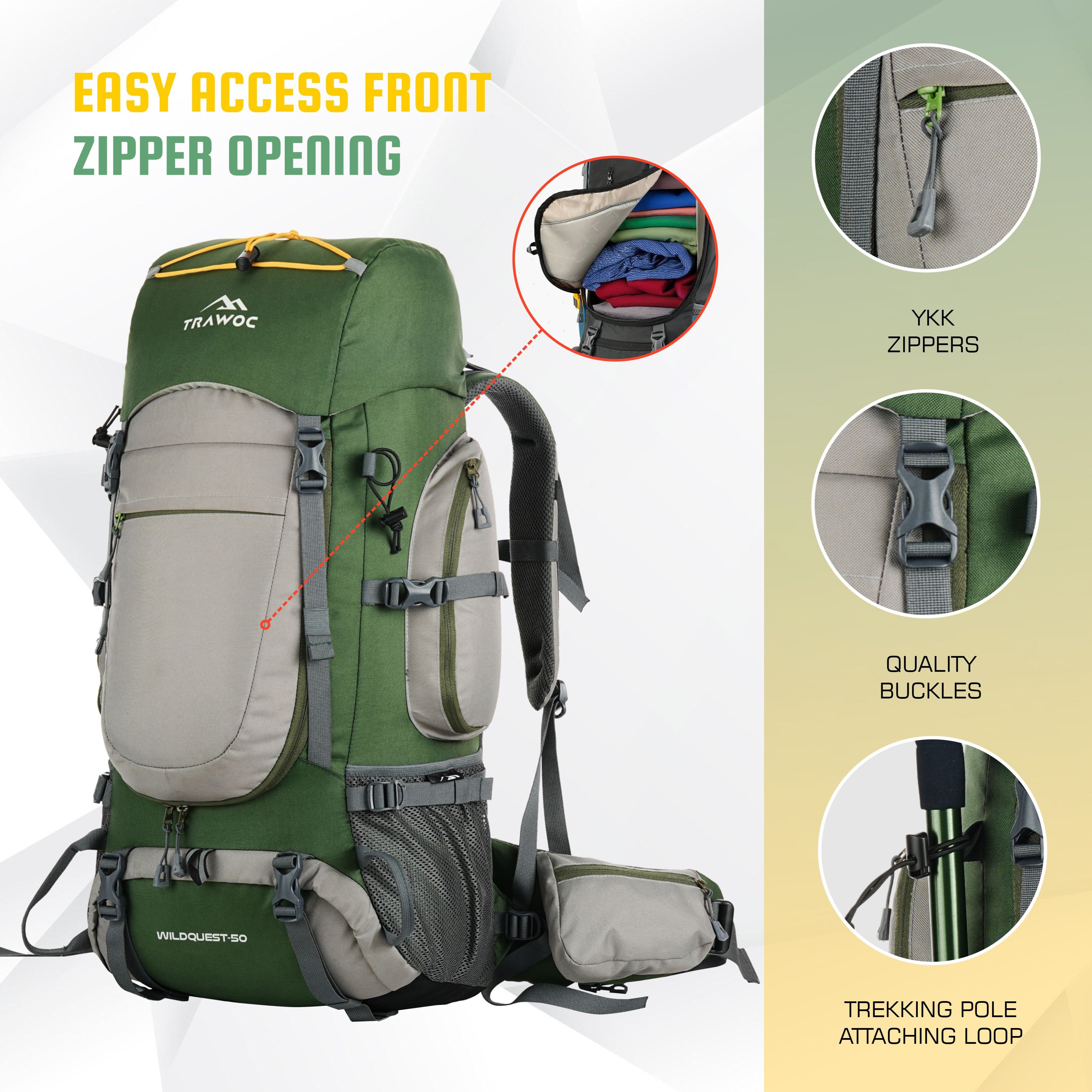 Front SIde of WILDQUEST-50 Rucksack -HUNTER GREEN Backpack with branded YKK zippers, front zipper pocket, and premium buckle for durability and easy access.