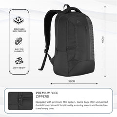 Front view of the CPB01 26L Laptop Backpack in black, highlighting its functional and stylish design. The backpack features a spacious main compartment with a padded laptop sleeve that securely accommodates most 15-inch laptops. A large front zippered pocket is prominently displayed for easy access to essentials, while additional smaller pockets inside help organize accessories like pens and chargers.