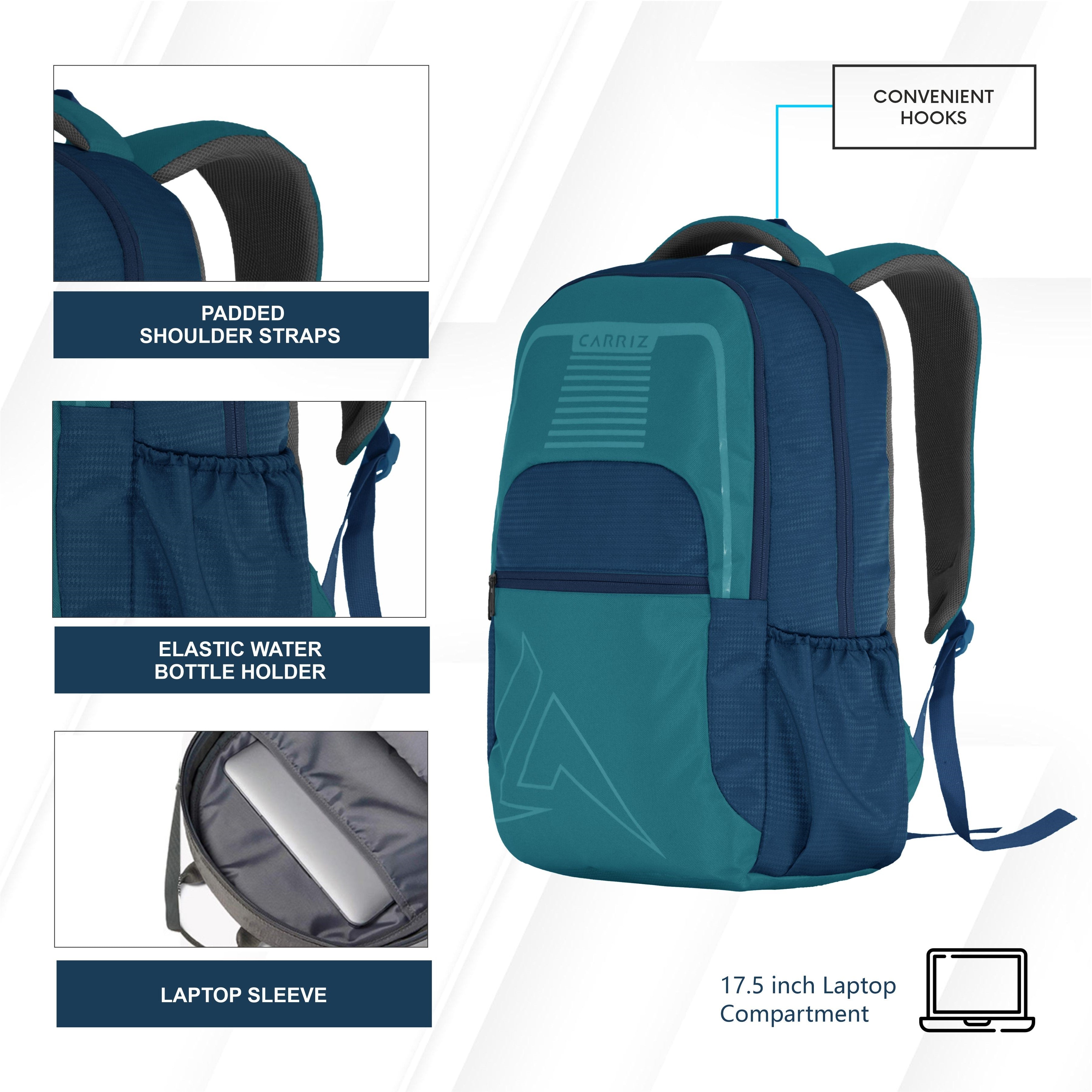 Front view of the CPB03 25L Laptop Backpack in blue, showcasing its sleek and functional design. The backpack features a spacious main compartment with a padded laptop sleeve that securely fits most 15-inch laptops. A large front zippered pocket is prominently displayed for easy access to essentials, while the adjustable padded shoulder straps are visible, ensuring comfort during wear. The vibrant blue fabric is complemented by a subtle logo, adding a modern touch. 