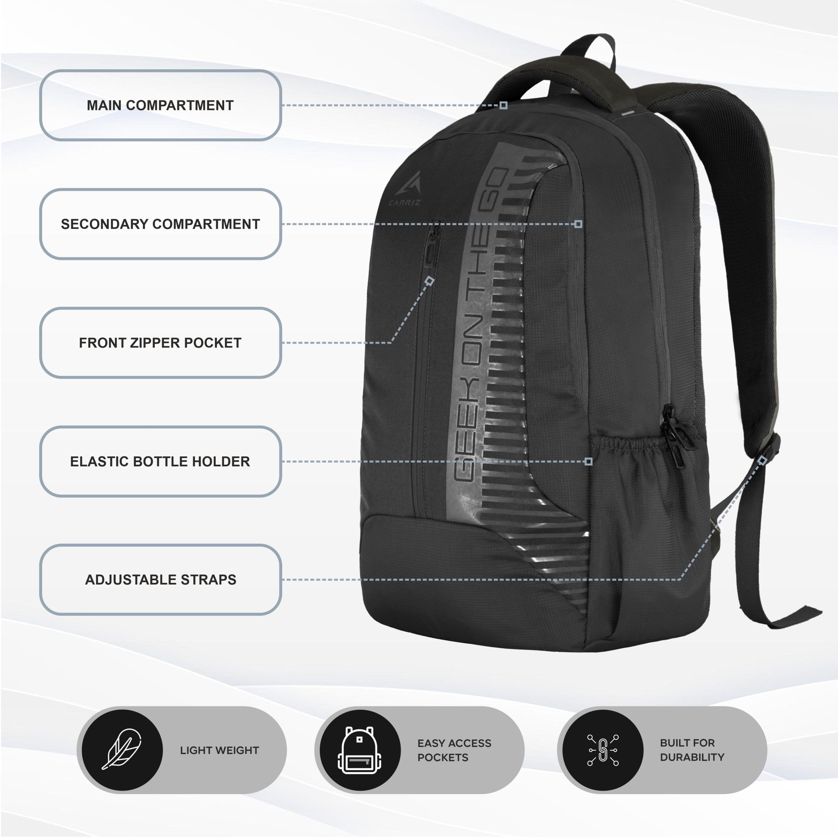 Front view of the CPB01 26L Laptop Backpack in black, highlighting its practical and stylish features. The backpack includes a spacious main compartment with a padded laptop sleeve designed to securely hold most 15-inch laptops. A large front zippered pocket is visible for easy access to essentials, while additional interior pockets help organize smaller items like pens, chargers, and a phone.