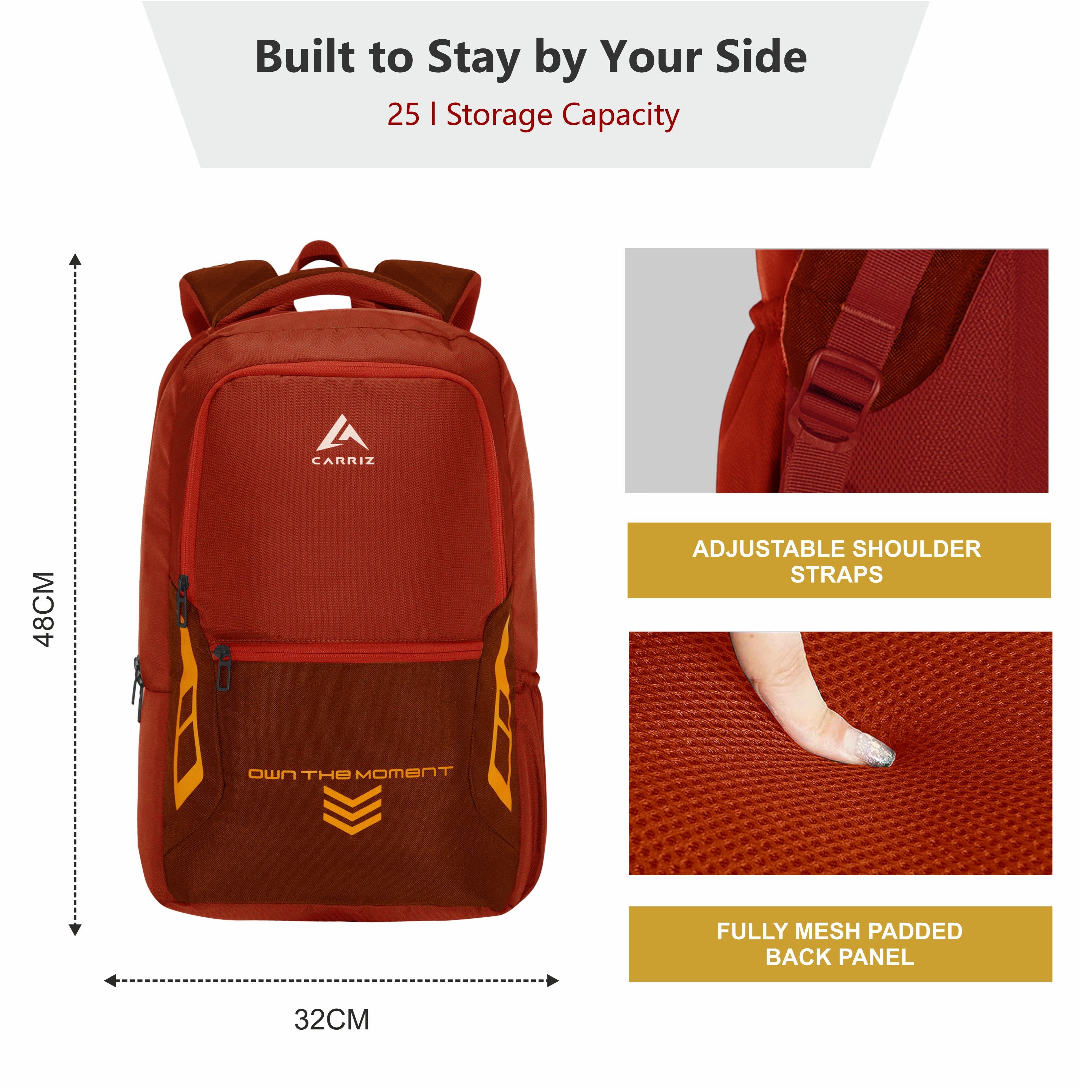 Front side view of the CPB04 23L Laptop Backpack in red, highlighting its functional and stylish features. The backpack showcases a spacious main compartment with a padded laptop sleeve designed to securely hold most 15-inch laptops. A front zippered pocket is prominently displayed for easy access to smaller items, while the adjustable padded shoulder straps are visible, ensuring comfort during wear.