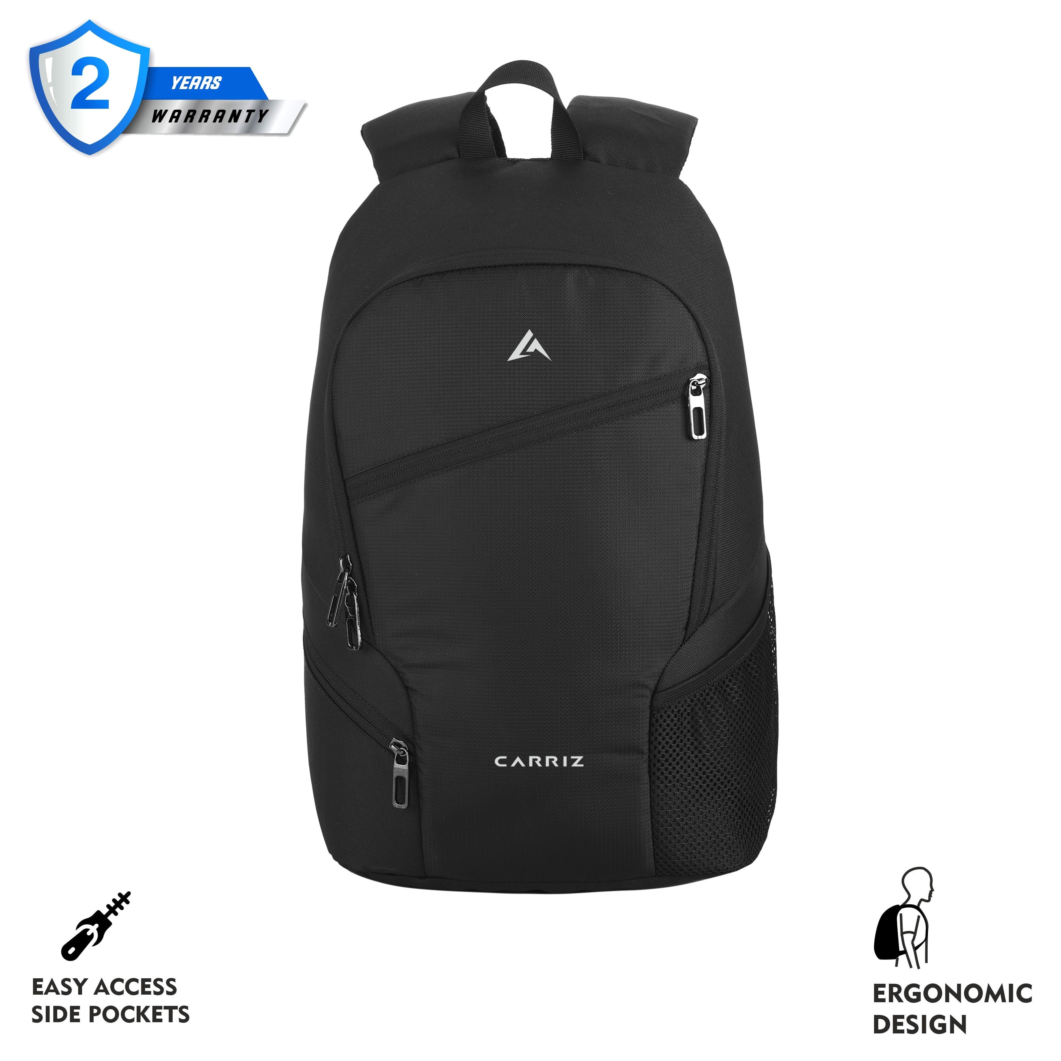 Front view of the CARRIZ Casual Backpack - CB01 in black, showcasing its modern and minimalist design. The backpack features a smooth exterior with a prominent front zippered pocket for easy access to essentials. The main compartment is spacious and secured with a durable zipper.