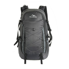 Front view of the INFERNO-40 Rucksack in grey, highlighting its rugged and tactical design. The image features a spacious main compartment with a secure dual-zipper closure, multiple external zippered pockets for easy access to essentials, and MOLLE webbing for customizable gear attachment, emphasizing its versatility for outdoor adventures and daily carry.