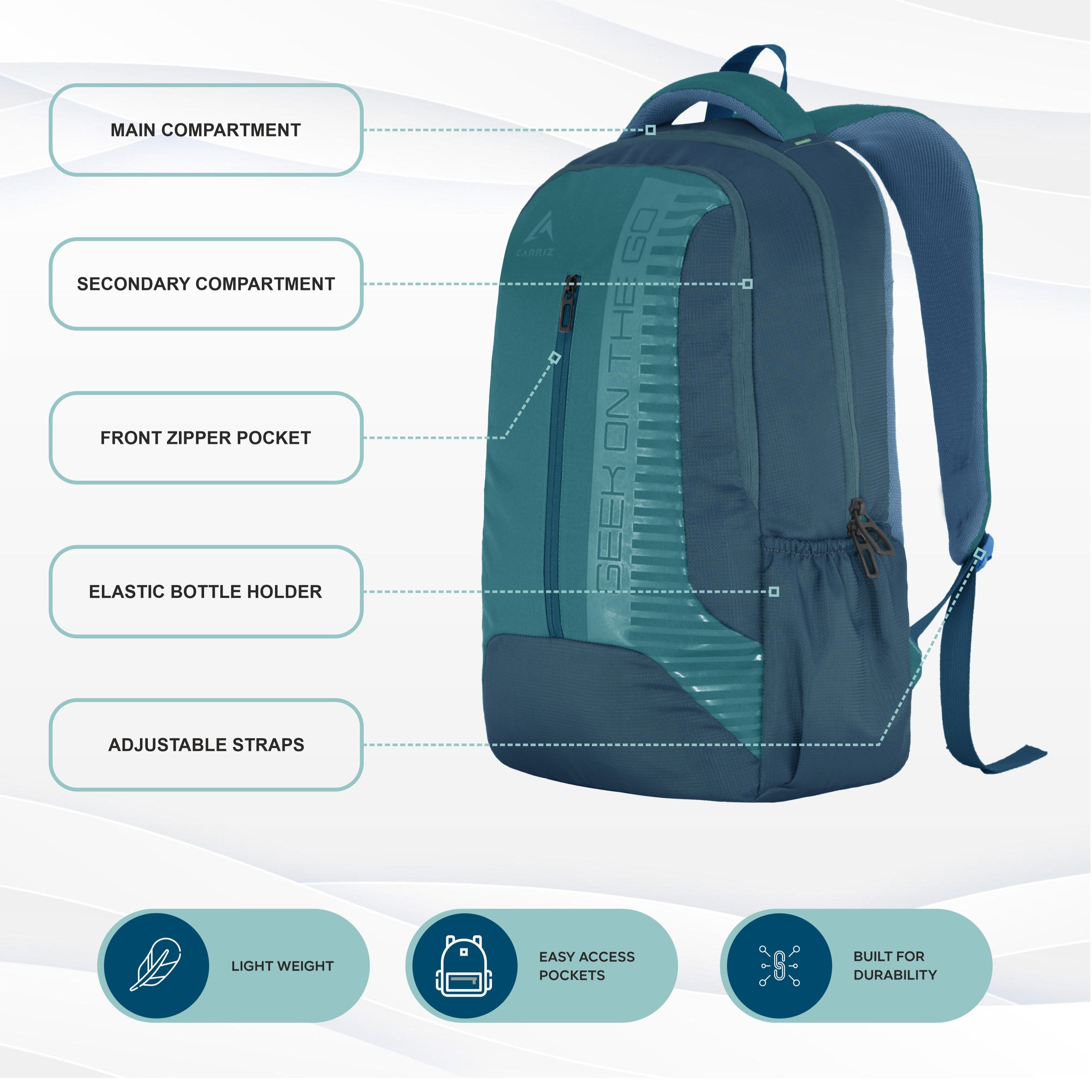 Front view of the CPB01 26L Laptop Backpack in blue, highlighting its stylish and functional design. The backpack features a spacious main compartment with a padded laptop sleeve that securely accommodates most 15-inch laptops. A large front zippered pocket is prominently displayed for easy access to essentials, while additional smaller pockets provide organization for items like pens and chargers.