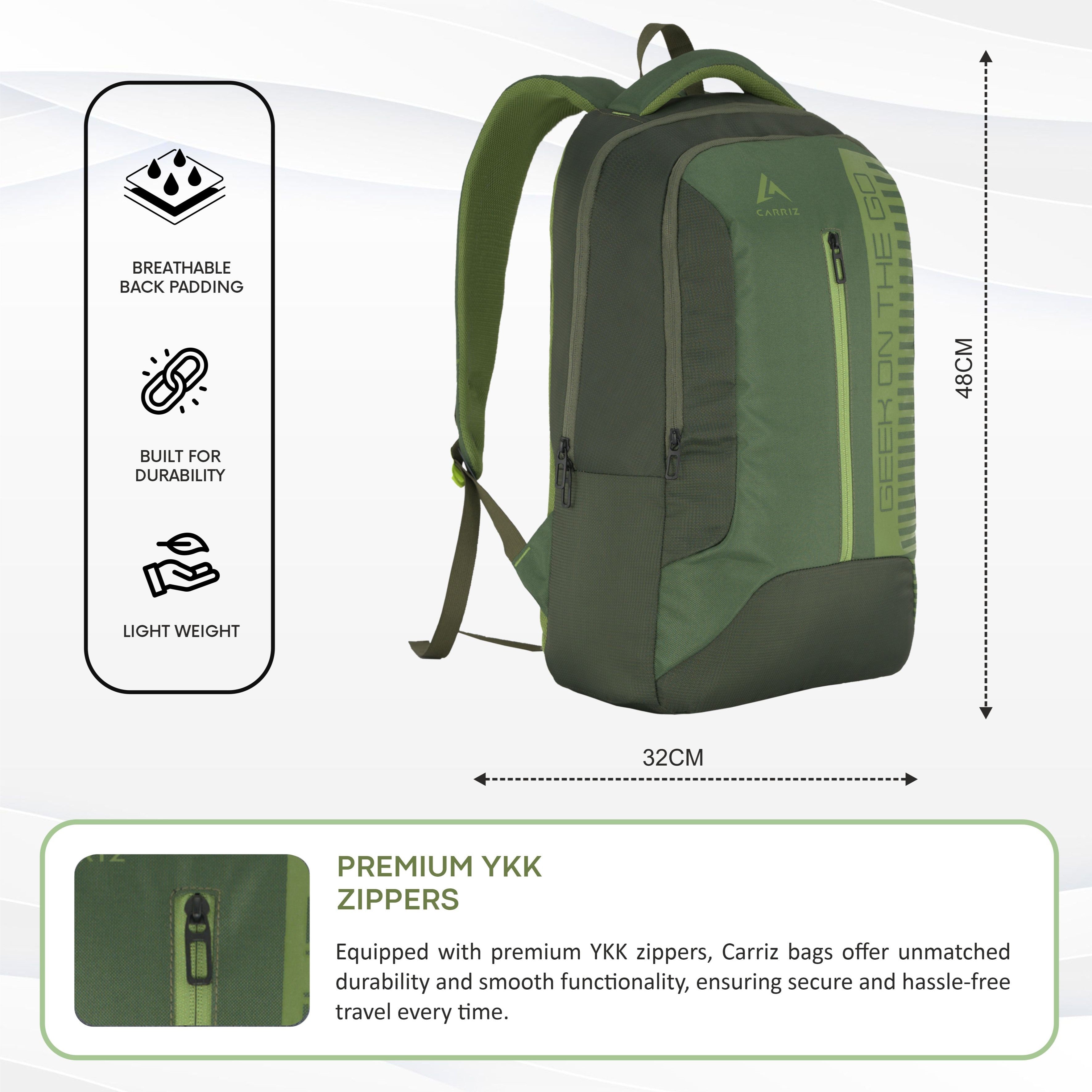 Front view of the CPB01 26L Laptop Backpack in green, showcasing its stylish and functional design. The backpack features a spacious main compartment with a padded laptop sleeve that securely fits most 15-inch laptops. A front zippered pocket is prominently displayed for easy access to smaller items, while the adjustable padded shoulder straps ensure comfort during wear. 