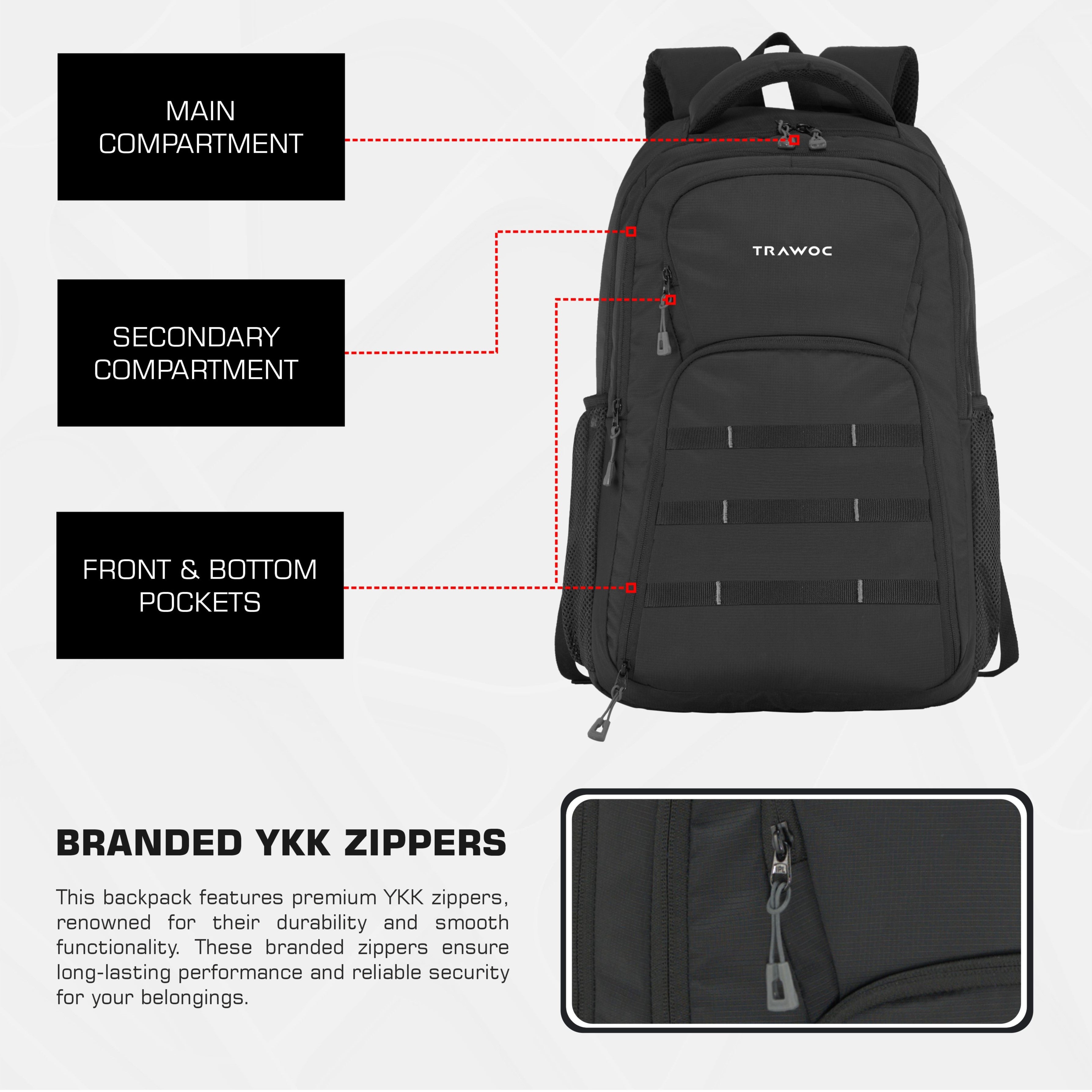 Front view of the TPB05 35L Laptop Backpack in black, highlighting its spacious and functional design. The backpack features a large main compartment with a padded laptop sleeve that securely fits most 15-inch laptops. A prominent front zippered pocket provides easy access to essentials, while additional smaller pockets are designed for organizing items like pens, chargers, and notebooks.