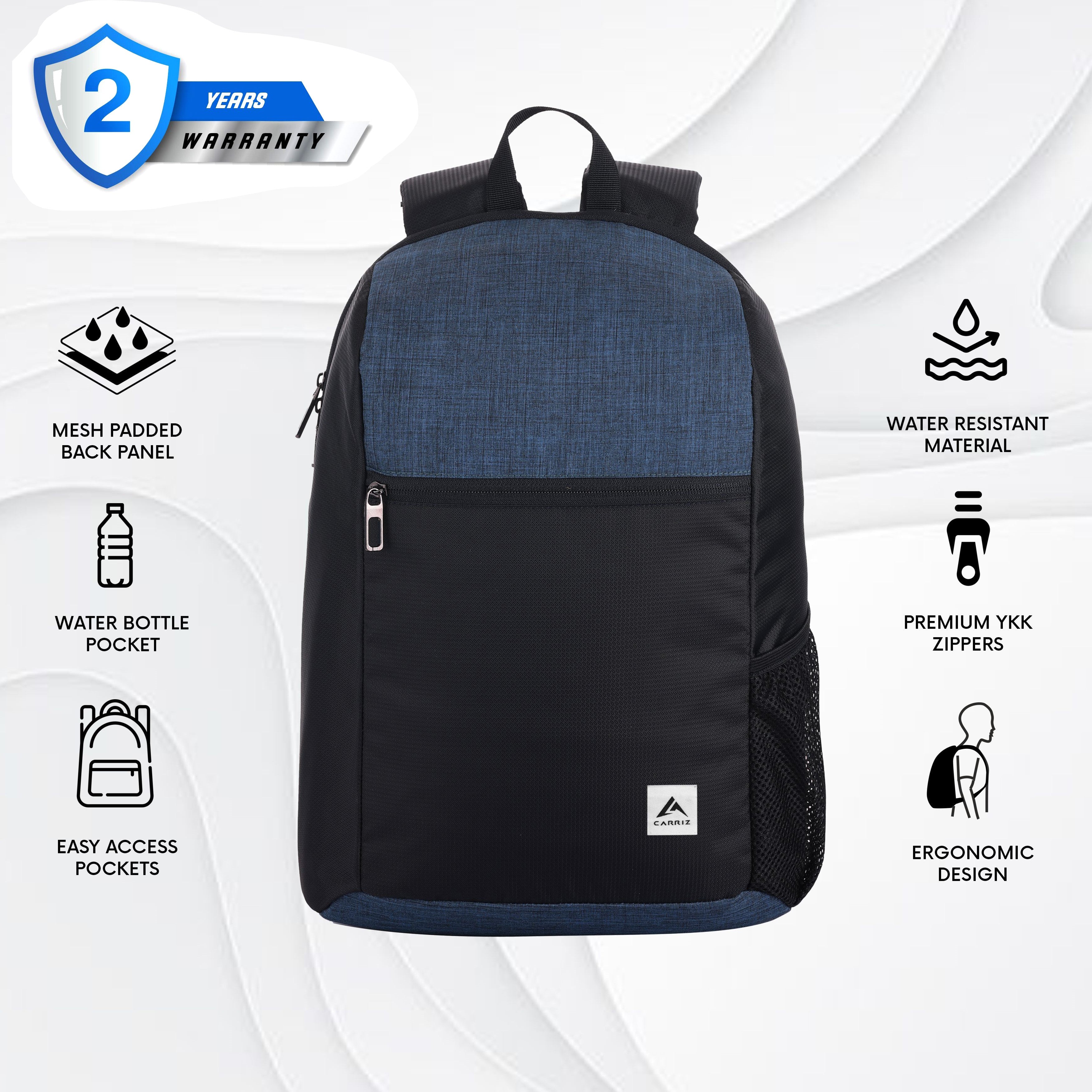 Front view of the CARRIZ Casual Backpack - CB02 in dark blue, showcasing its contemporary and functional design. The backpack features a deep dark blue exterior with a prominent front zippered pocket for easy access to smaller items. The spacious main compartment is secured with a durable zipper, providing ample storage for books, a laptop, or daily essentials.