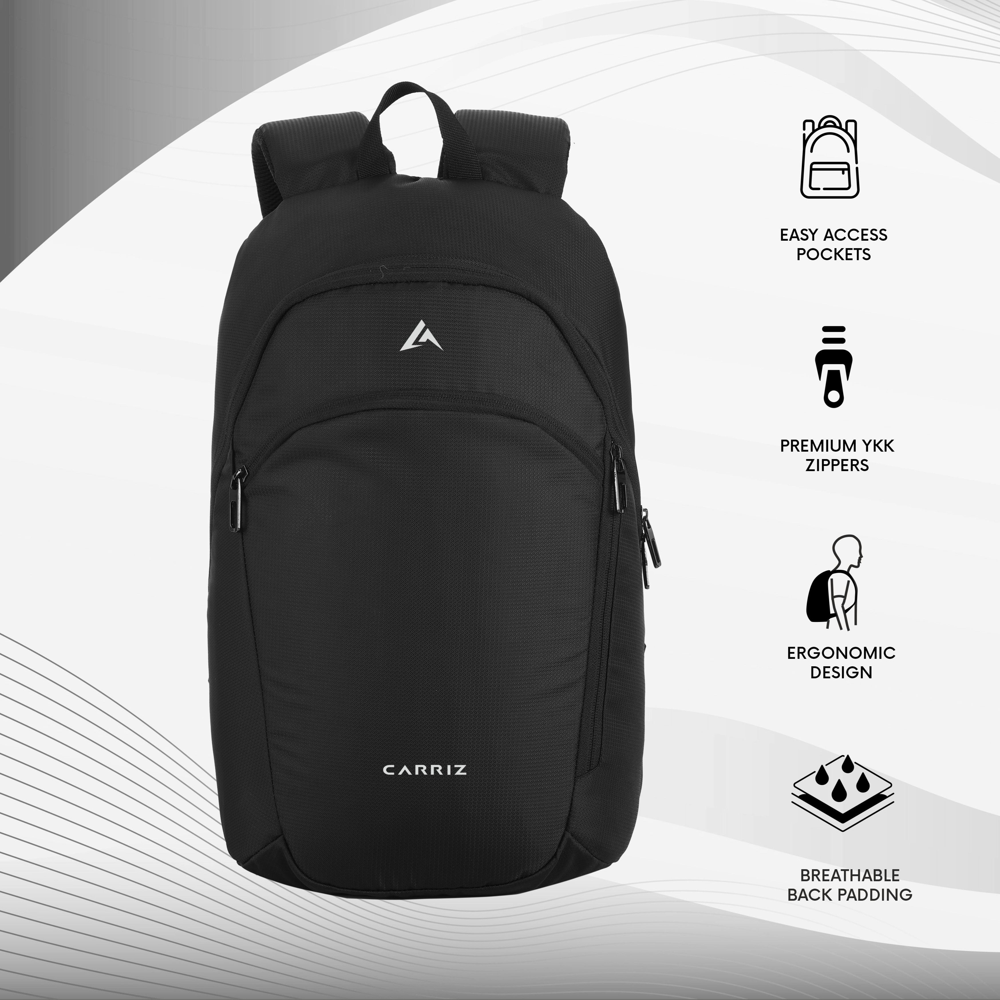 Front view of the CARRIZ Casual Backpack -CB05-BLACK. The backpack features a sleek, all-black exterior with a smooth finish. It includes a spacious main compartment with a smooth zipper closure for storing larger items, and a front zippered pocket for easy access to smaller essentials like a phone, wallet, or keys.