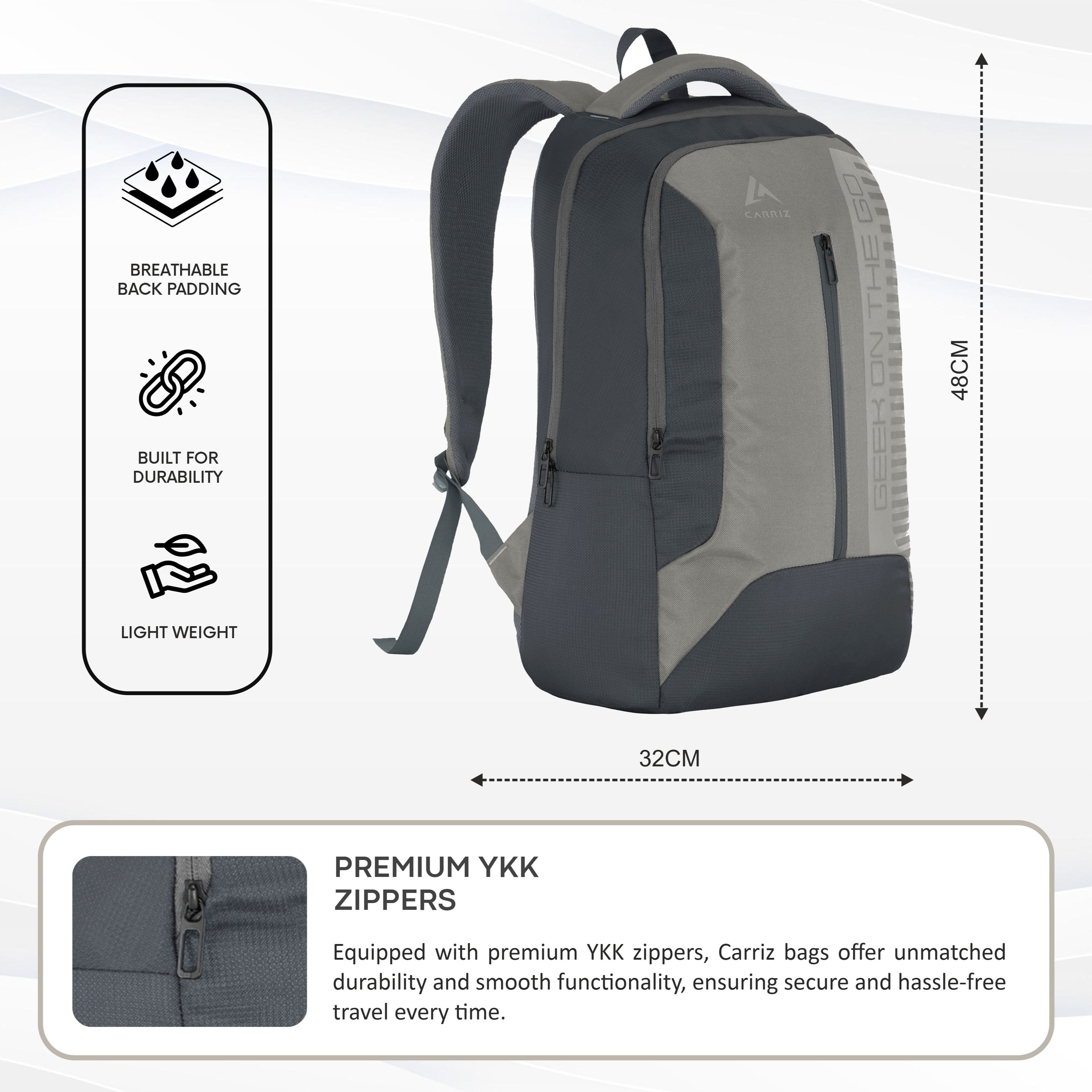 Front view of the CPB01 26L Laptop Backpack in grey, showcasing its stylish and functional design. The backpack features a spacious main compartment with a padded laptop sleeve that securely fits most 15-inch laptops. A front zippered pocket is prominently displayed for easy access to smaller items, while the adjustable padded shoulder straps ensure comfort during wear.