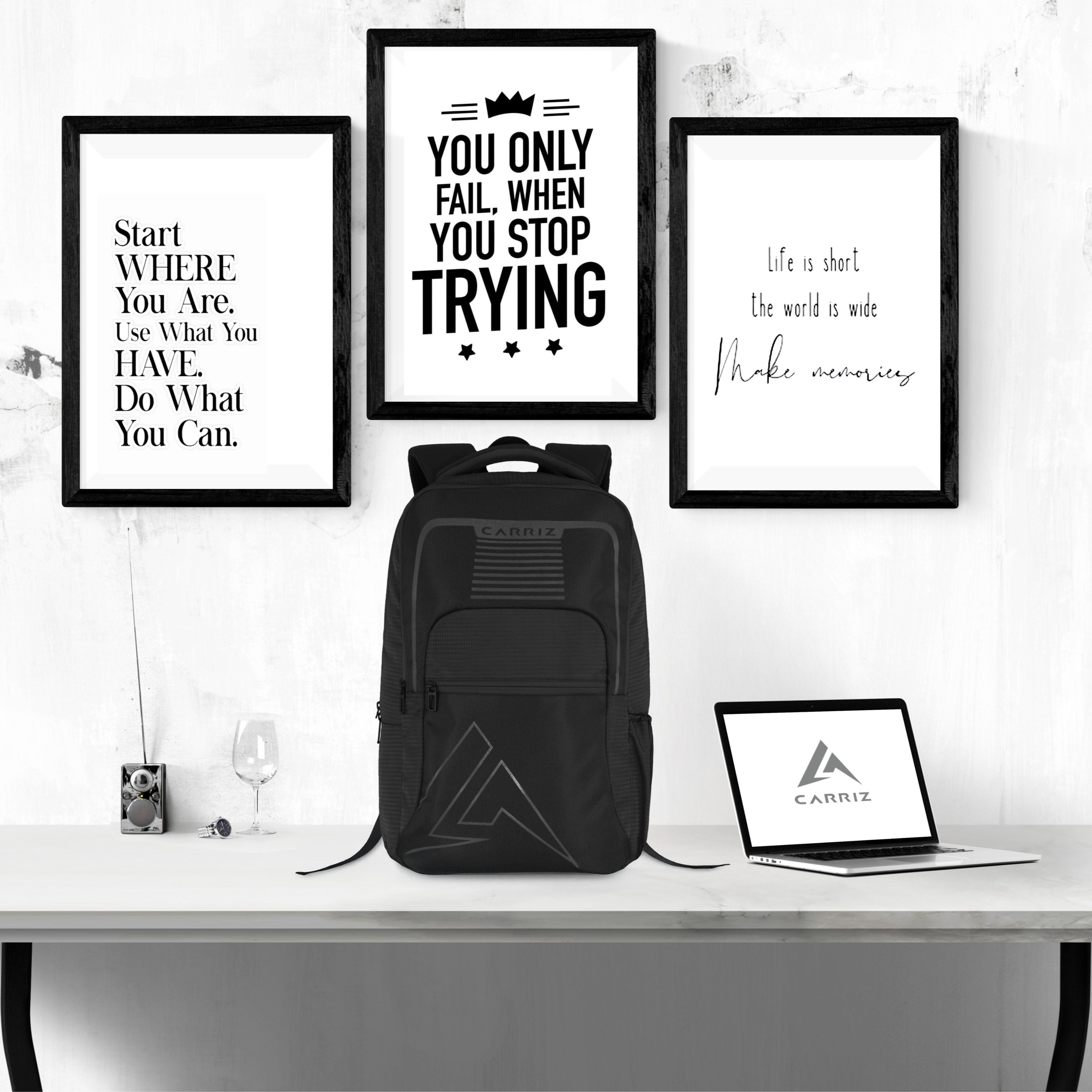 Front view of the CPB03 25L Laptop Backpack in black, showcasing its sleek and modern design. The backpack features a spacious main compartment with a padded laptop sleeve that securely accommodates most 15-inch laptops. A front zippered pocket is prominently displayed for easy access to smaller items, while the adjustable padded shoulder straps ensure comfort during wear. 