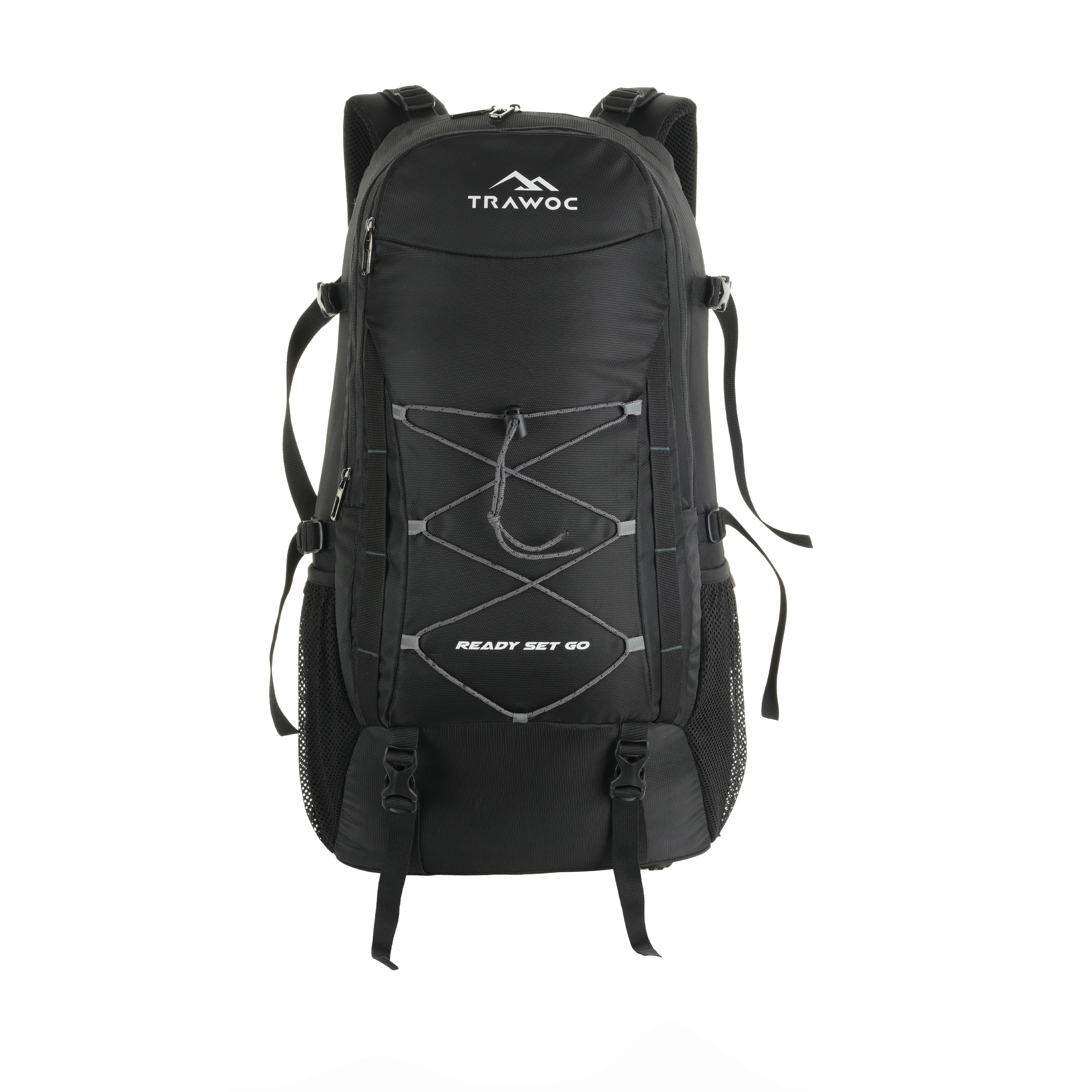 Front view of the INFERNO-40 Rucksack in black, highlighting its rugged and tactical design. The image features a spacious main compartment with a secure zip closure, multiple external zippered pockets for easy access to essentials, and MOLLE webbing for customizable gear attachment, emphasizing its versatility for outdoor adventures and daily carry.