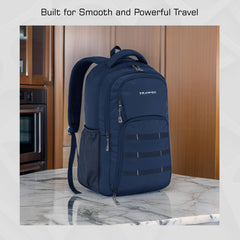 Front view of the TPB05 35L Laptop Backpack in navy blue, showcasing its spacious and organized design. The backpack features a large main compartment with a padded laptop sleeve that securely fits most 15-inch laptops. A prominent front zippered pocket is easily accessible for storing essentials, while additional smaller pockets are designed for organizing items like pens, chargers, and notebooks.