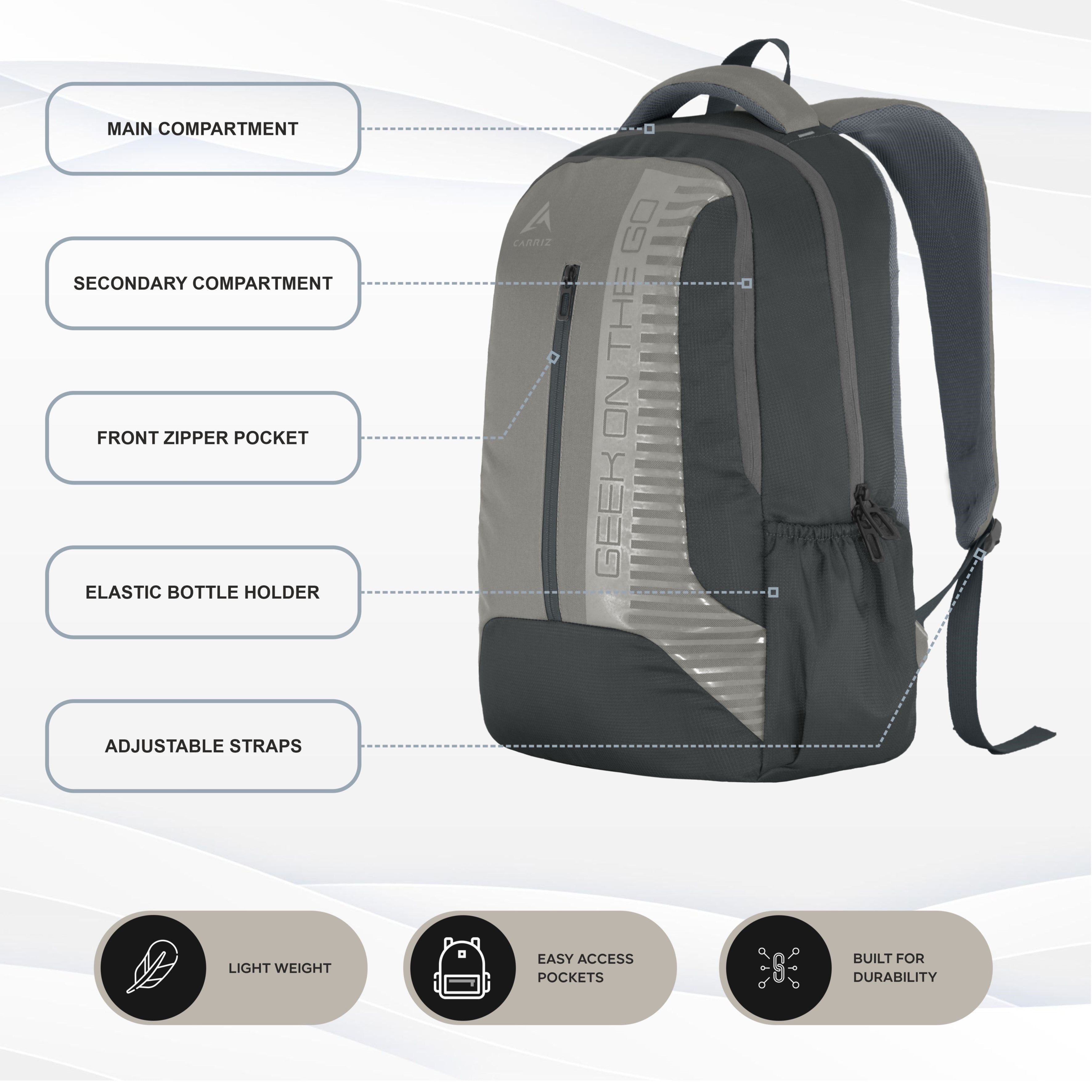 Front view of the CPB01 26L Laptop Backpack in grey, featuring a spacious main compartment with a padded laptop sleeve designed to securely hold most 15-inch laptops. The front showcases a zippered pocket for easy access to smaller items, along with a sleek logo that adds a touch of style. The adjustable padded shoulder straps are visible, ensuring comfort during wear.