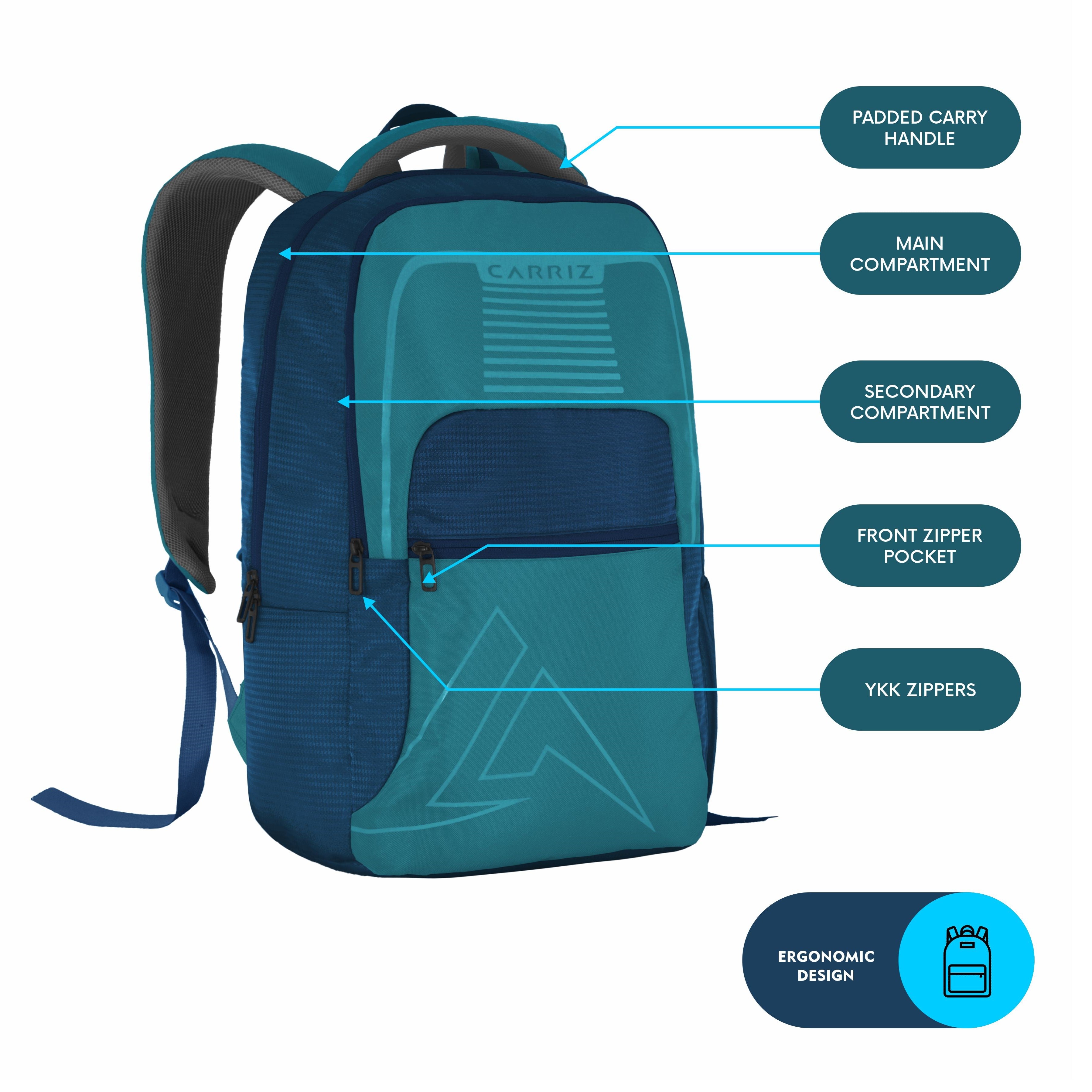 Front view of the CPB03 25L Laptop Backpack in blue, highlighting its functional and stylish design. The backpack features a spacious main compartment with a padded laptop sleeve that securely accommodates most 15-inch laptops. A large front zippered pocket is prominently displayed for easy access to essentials, while additional interior pockets provide organization for smaller items like pens, chargers, and a phone.