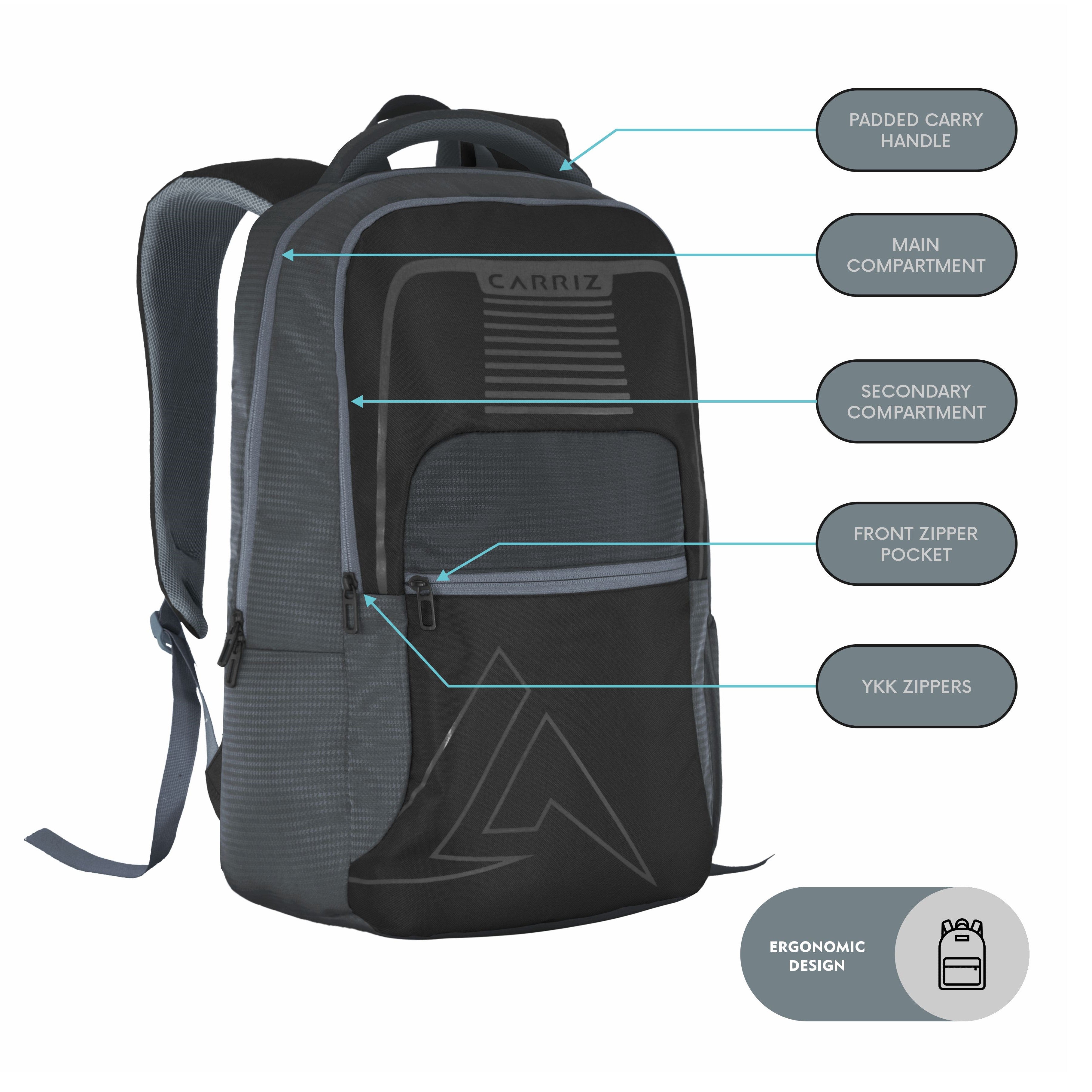 Front view of the CPB03 25L Laptop Backpack in grey, highlighting its functional and stylish design. The backpack features a spacious main compartment with a padded laptop sleeve that securely accommodates most 15-inch laptops. A front zippered pocket is prominently displayed for easy access to smaller items, while the adjustable padded shoulder straps ensure comfort during wear.