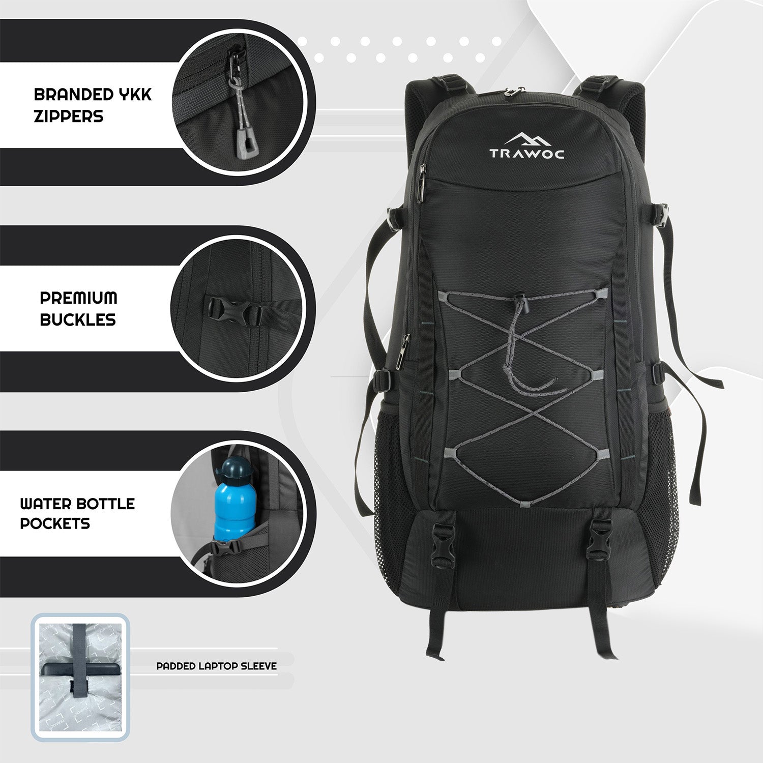 Front view of the INFERNO-40 Rucksack in black, showcasing its tactical design and practical features. The image highlights a spacious main compartment with a secure dual-zipper closure, multiple external zippered pockets for organized storage of essentials, and MOLLE webbing for attaching additional gear.