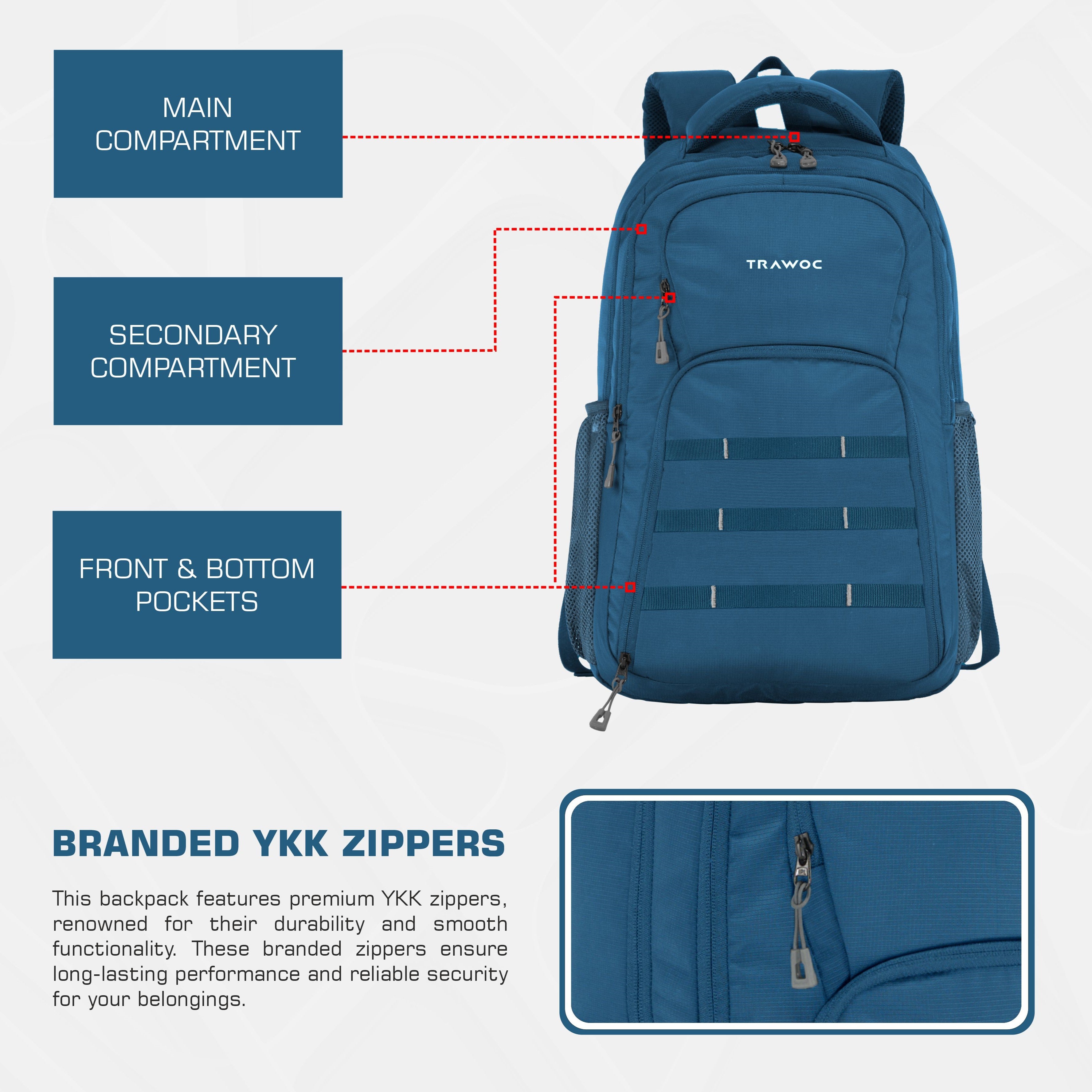 Front view of the TPB05 35L Laptop Backpack in English blue, highlighting its spacious and functional design. The backpack features a large main compartment with a padded laptop sleeve that securely accommodates most 15-inch laptops. A prominent front zippered pocket provides easy access to essentials, while additional smaller pockets are designed for organizing items like pens, chargers, and notebooks.