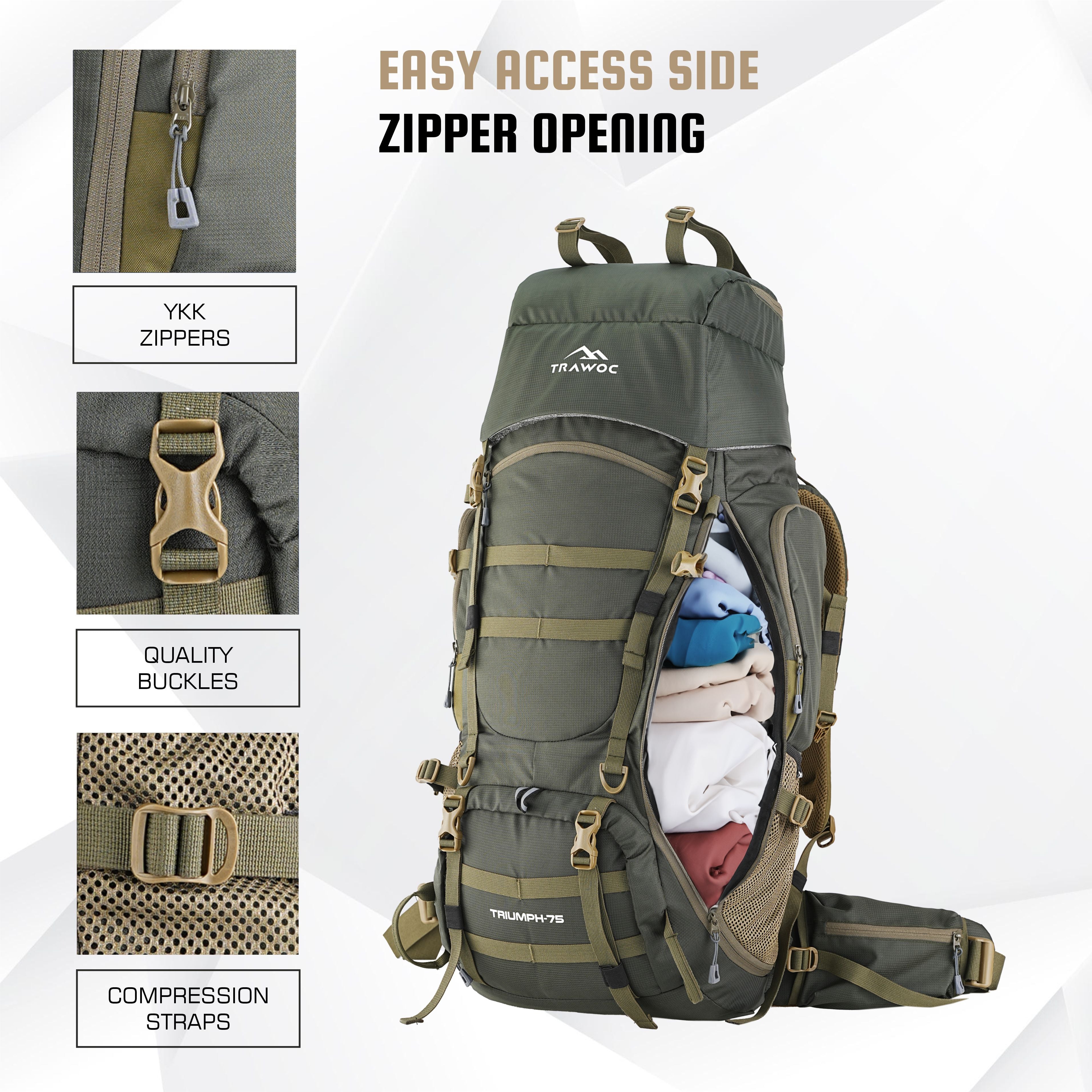 Front_View_of_TRIUMPH_X-75_Rucksack_-_Hunter-Green Backpack with branded YKK zippers, front zipper pocket, and premium buckle for durability and easy access.